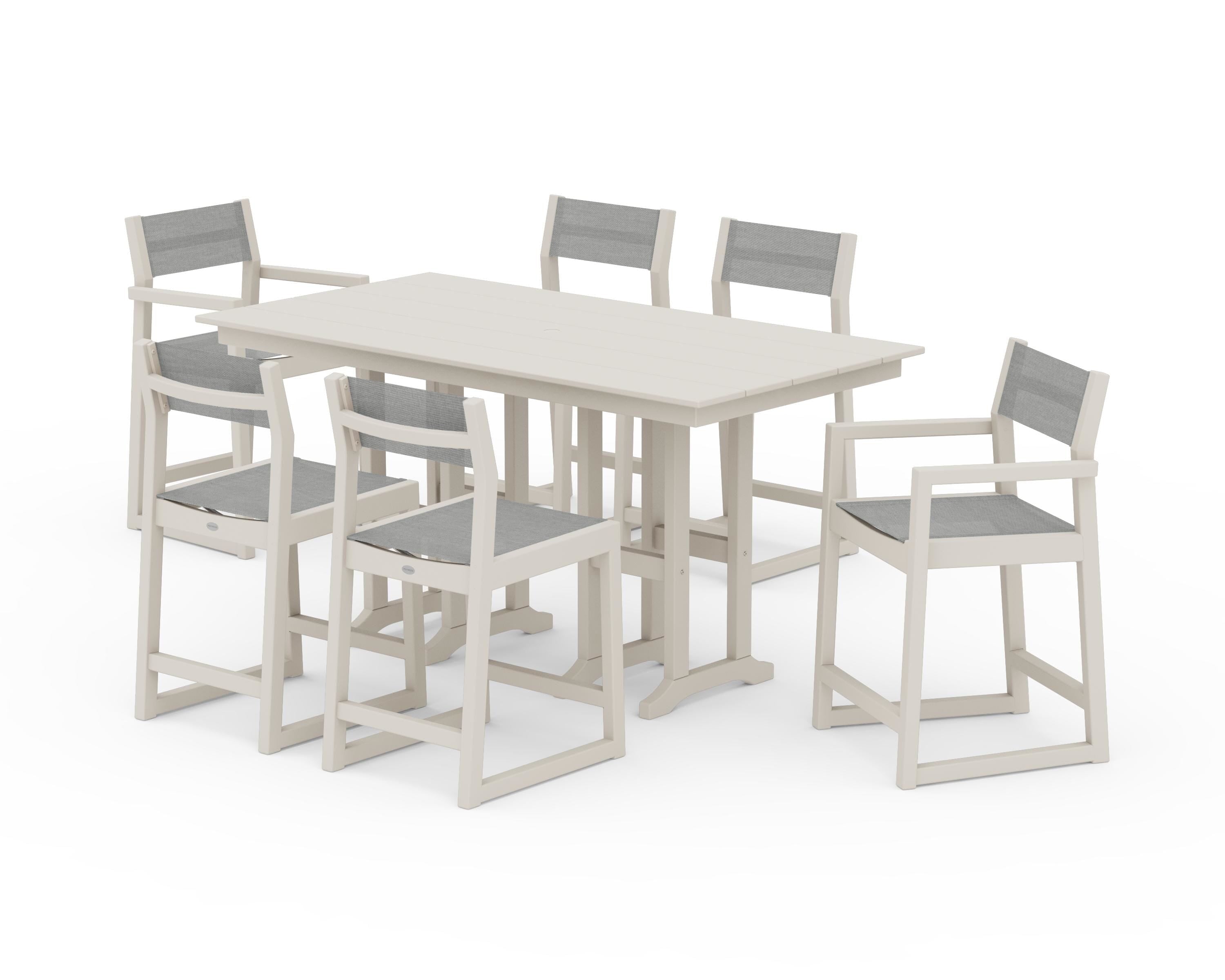 POLYWOOD EDGE Sling 7-Piece Farmhouse Counter Set in Sand / Metallic Sling