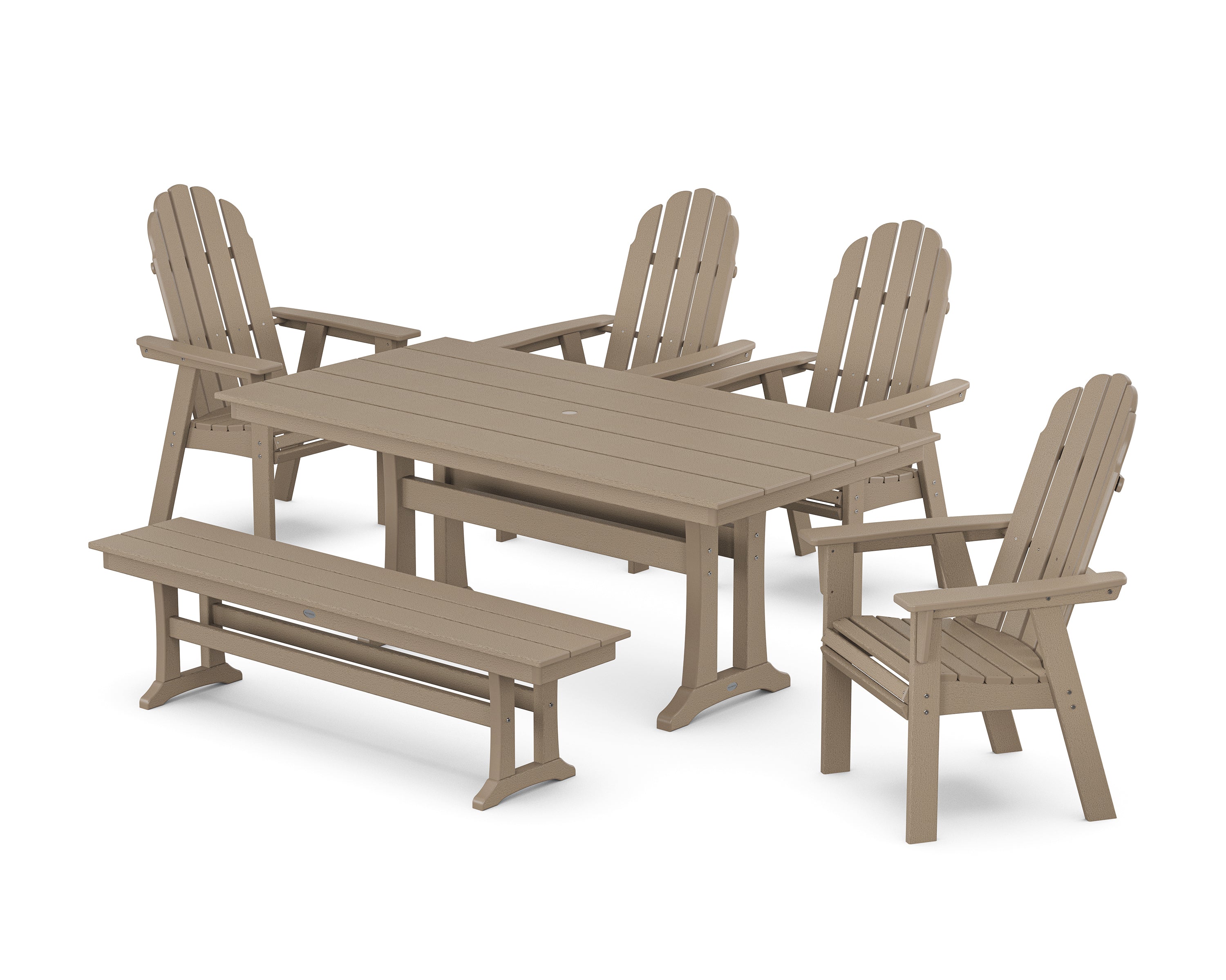 POLYWOOD Vineyard Curveback Adirondack Chair 6-Piece Farmhouse Dining Set with Trestle Legs and Bench in Vintage Sahara