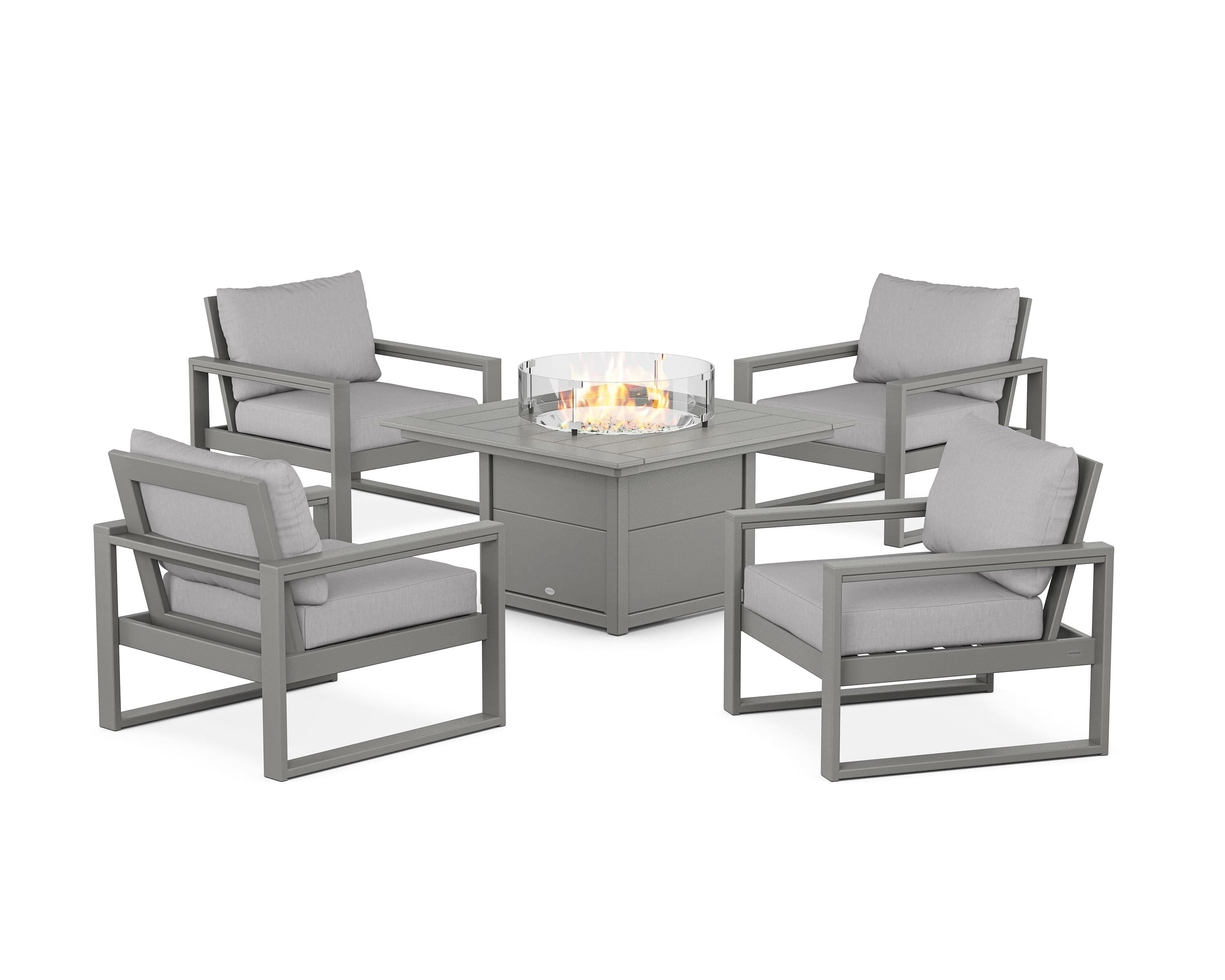 POLYWOOD EDGE Sectional 5-Piece Deep Seating Set with Fire Pit Table in Slate Grey / Granite