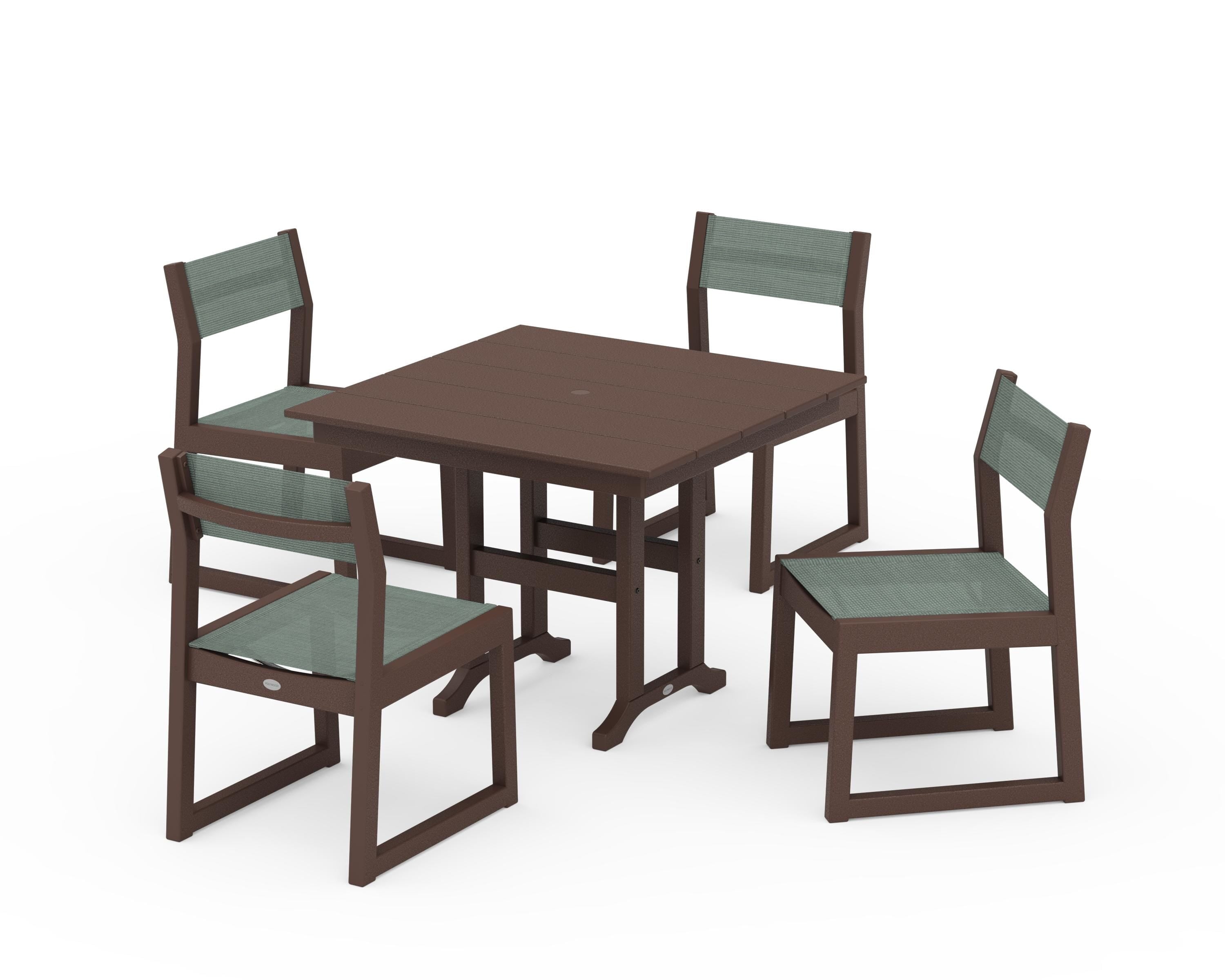 POLYWOOD EDGE Sling Side Chair 5-Piece Farmhouse Dining Set in Mahogany / Dupioni Sea Mist Sling