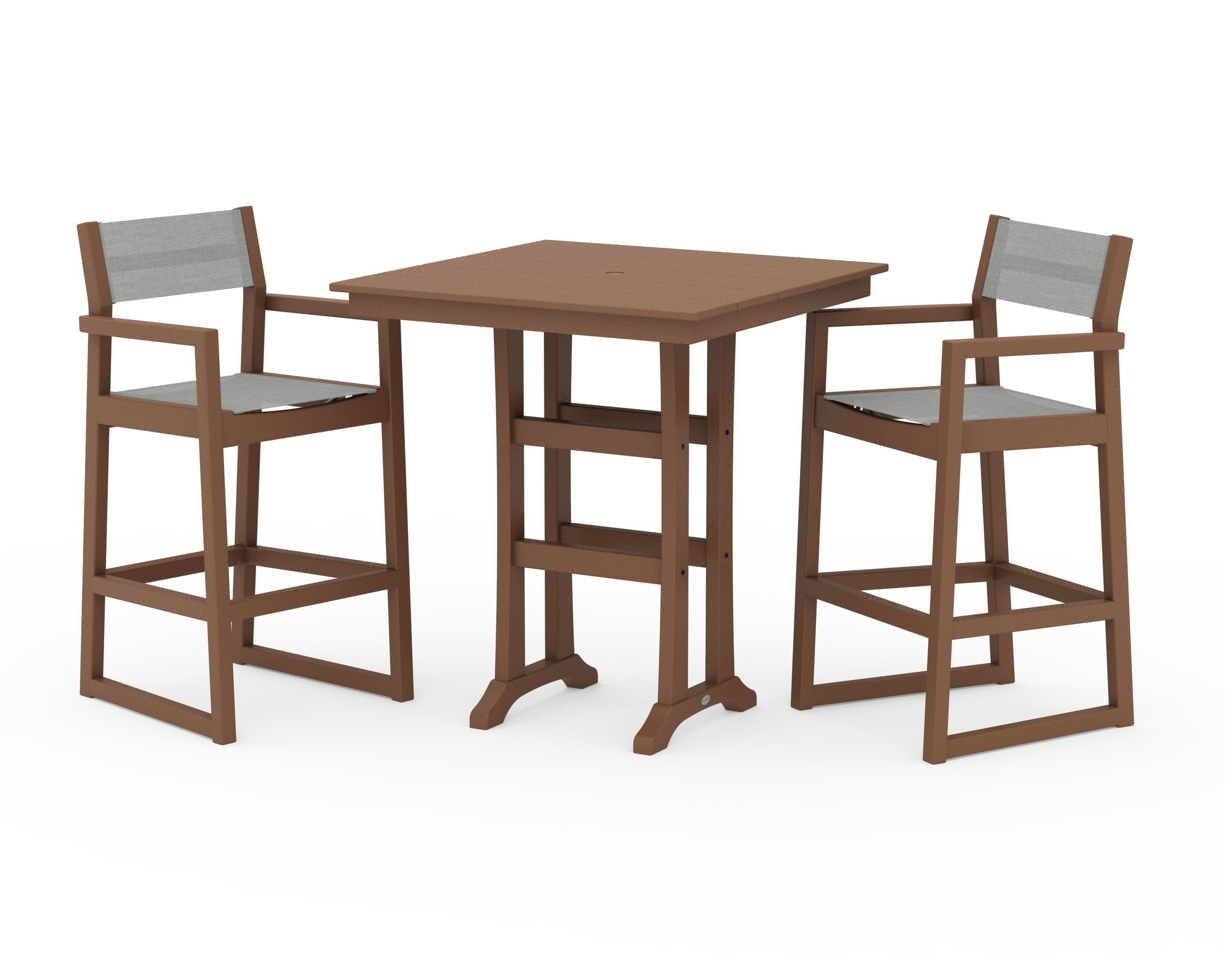 POLYWOOD EDGE Sling Arm Chair 3-Piece Farmhouse Bar Set with Trestle Legs in Teak / Metallic Sling