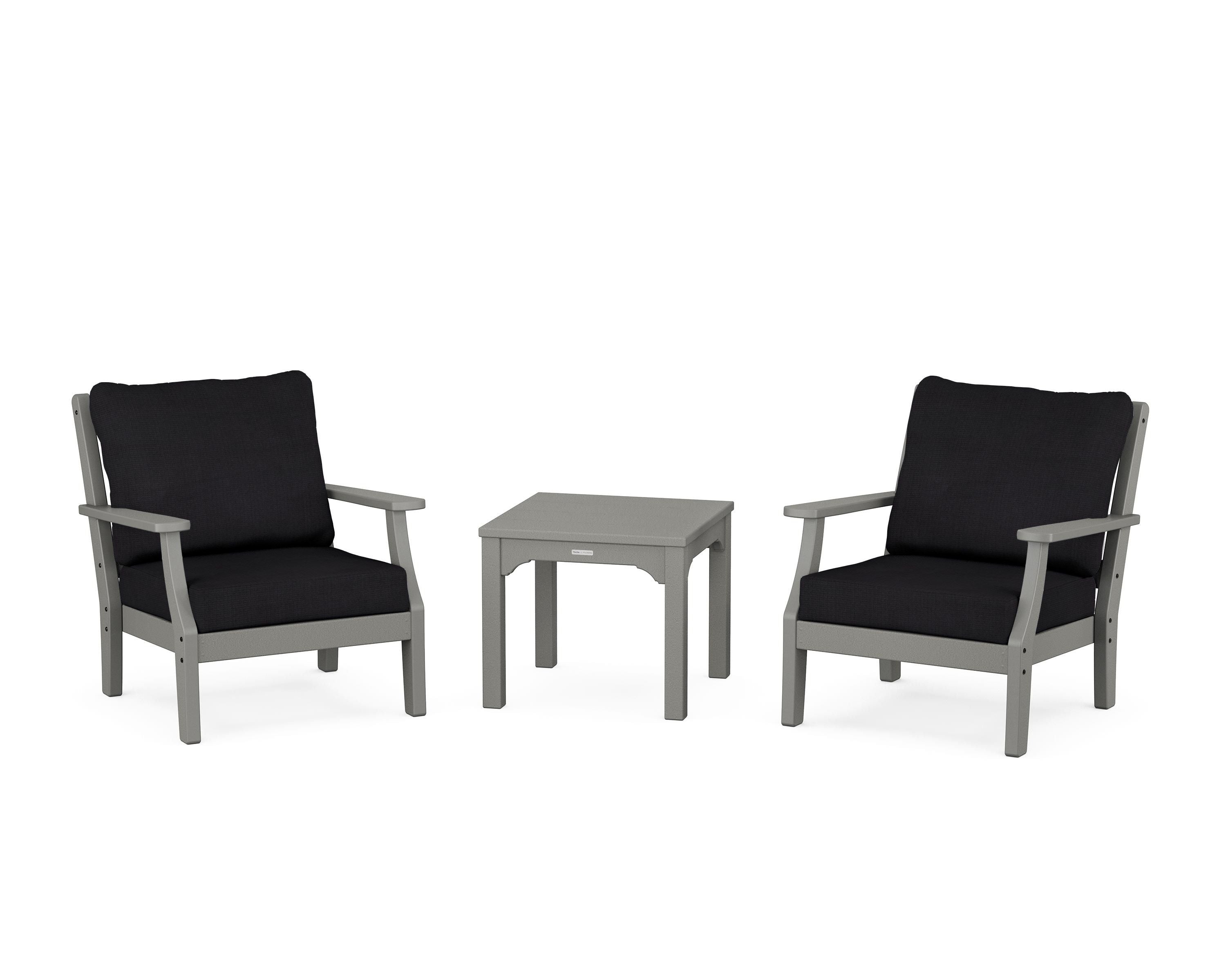 Martha Stewart by POLYWOOD Chinoiserie 3-Piece Deep Seating Set in Slate Grey / Midnight Linen