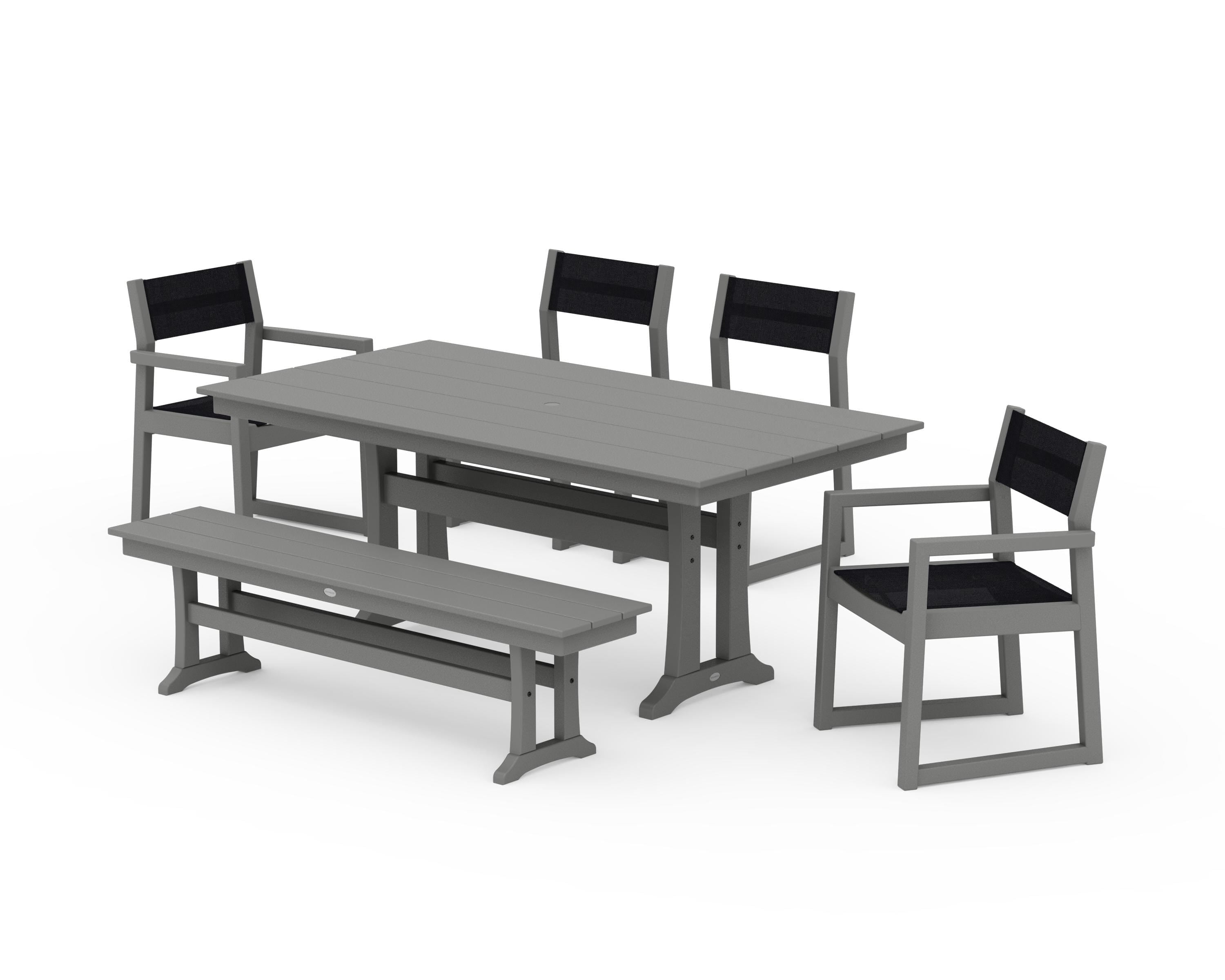 POLYWOOD EDGE Sling 6-Piece Farmhouse Dining Set With Trestle Legs in Slate Grey / Black Sling