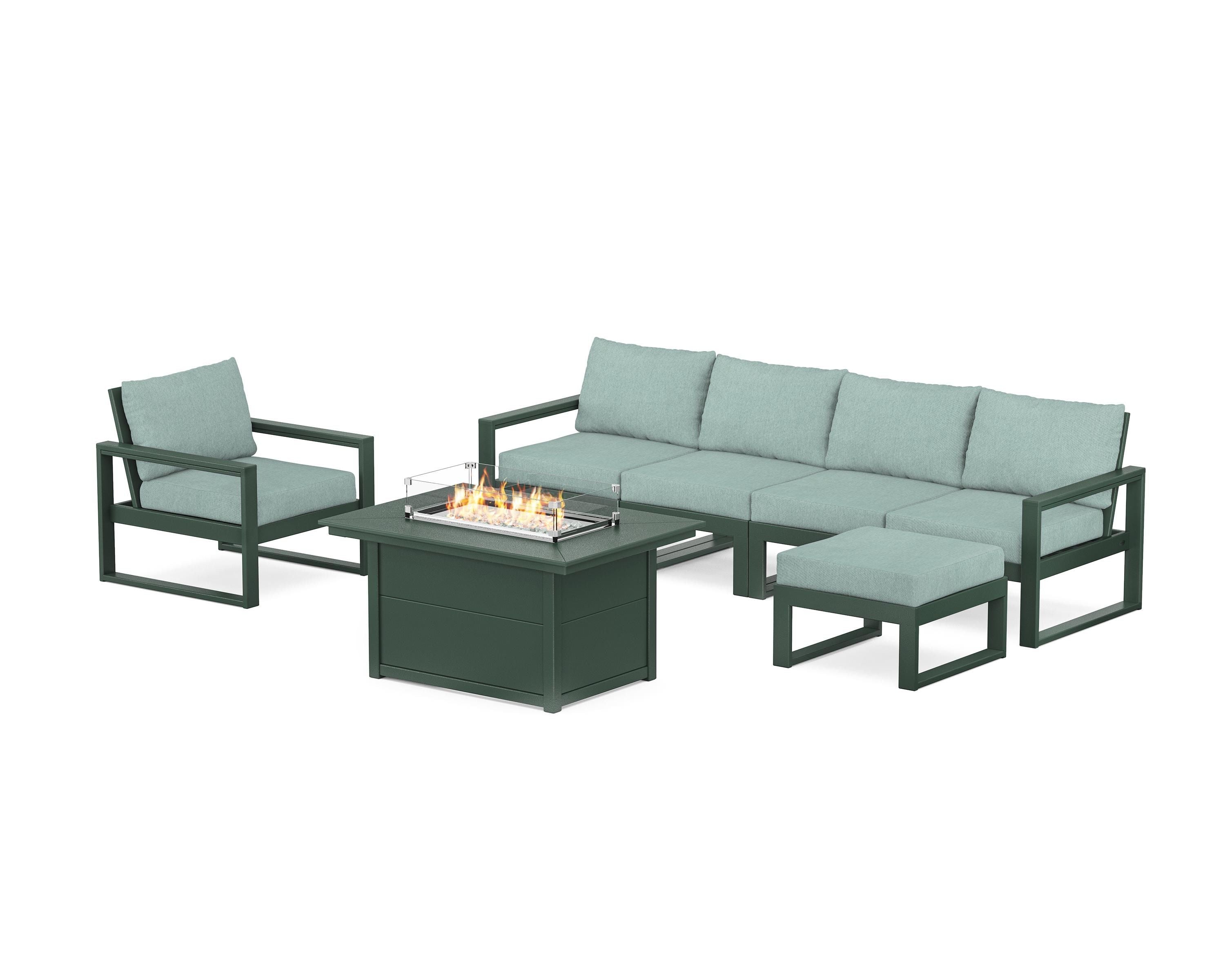 POLYWOOD EDGE Sectional Lounge and Fire Pit Set in Green / Glacier Spa