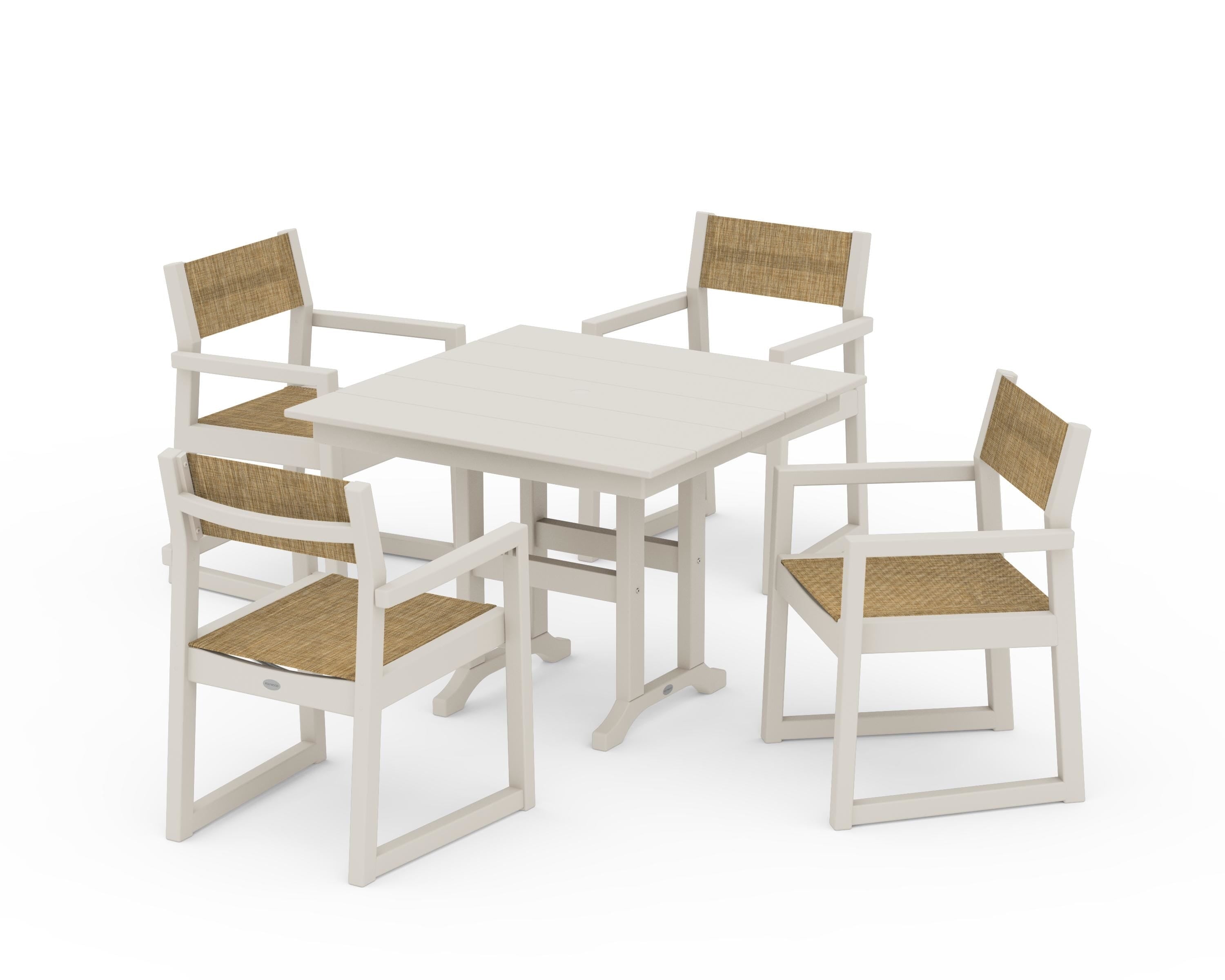 POLYWOOD EDGE Sling Arm Chair 5-Piece Farmhouse Dining Set in Sand / Burlap Sling