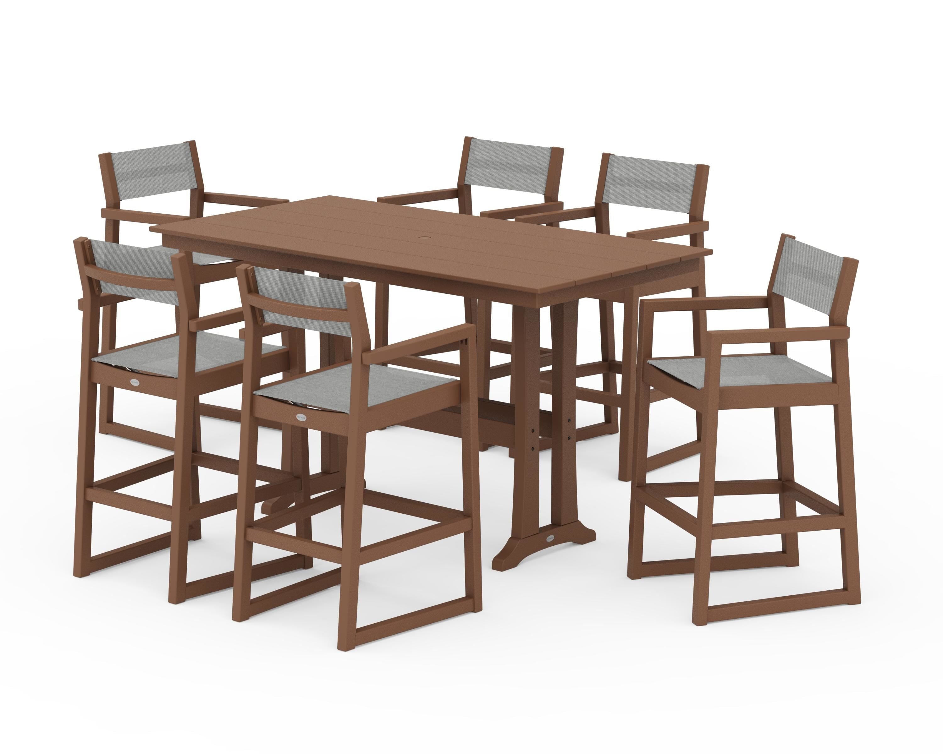 POLYWOOD EDGE Sling Arm Chair 7-Piece Farmhouse Bar Set with Trestle Legs in Teak / Metallic Sling