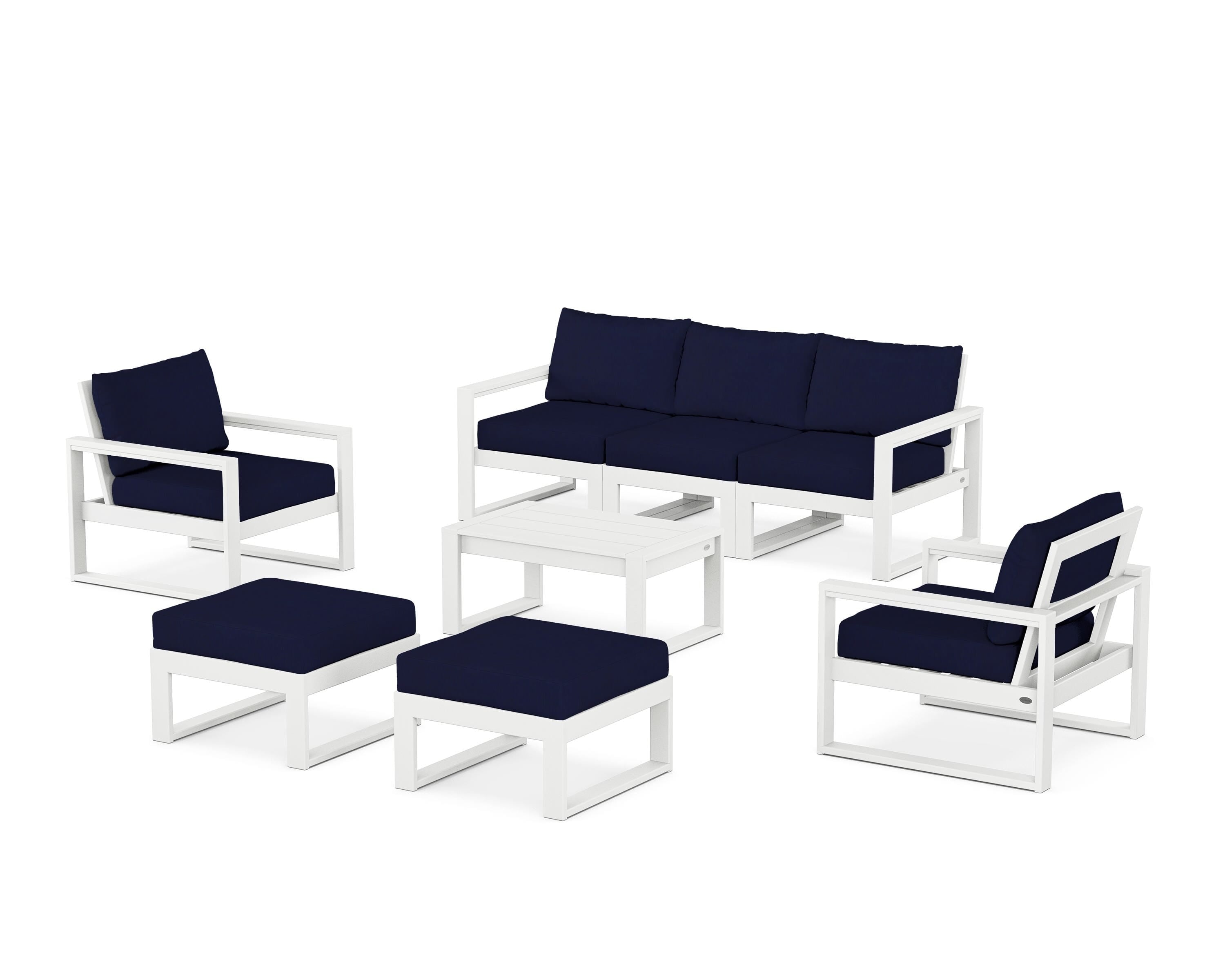 POLYWOOD EDGE Sectional 8-Piece Lounge Sofa Set in White / Navy