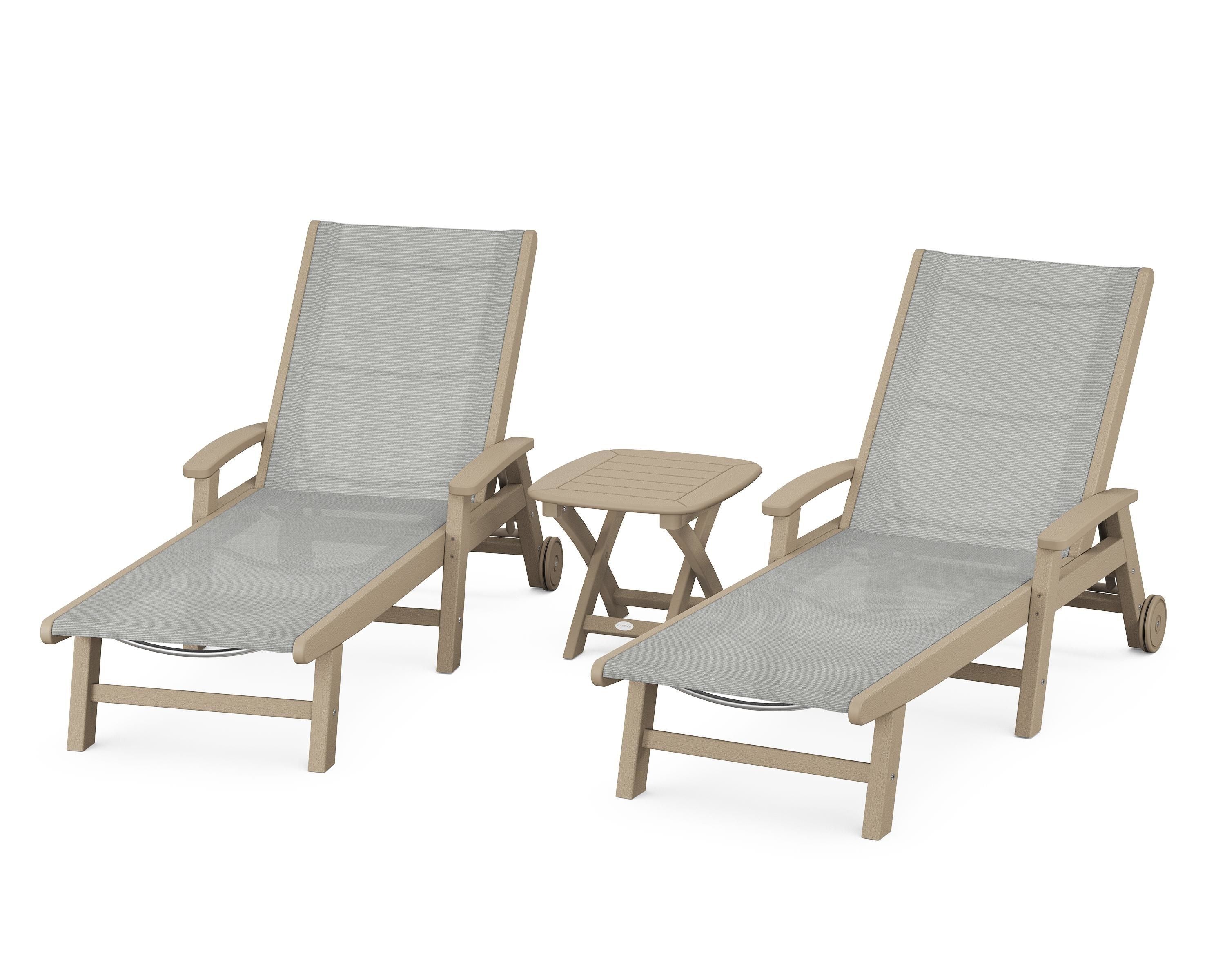 POLYWOOD Coastal 3-Piece Wheeled Chaise Set in Vintage Sahara / Metallic Sling