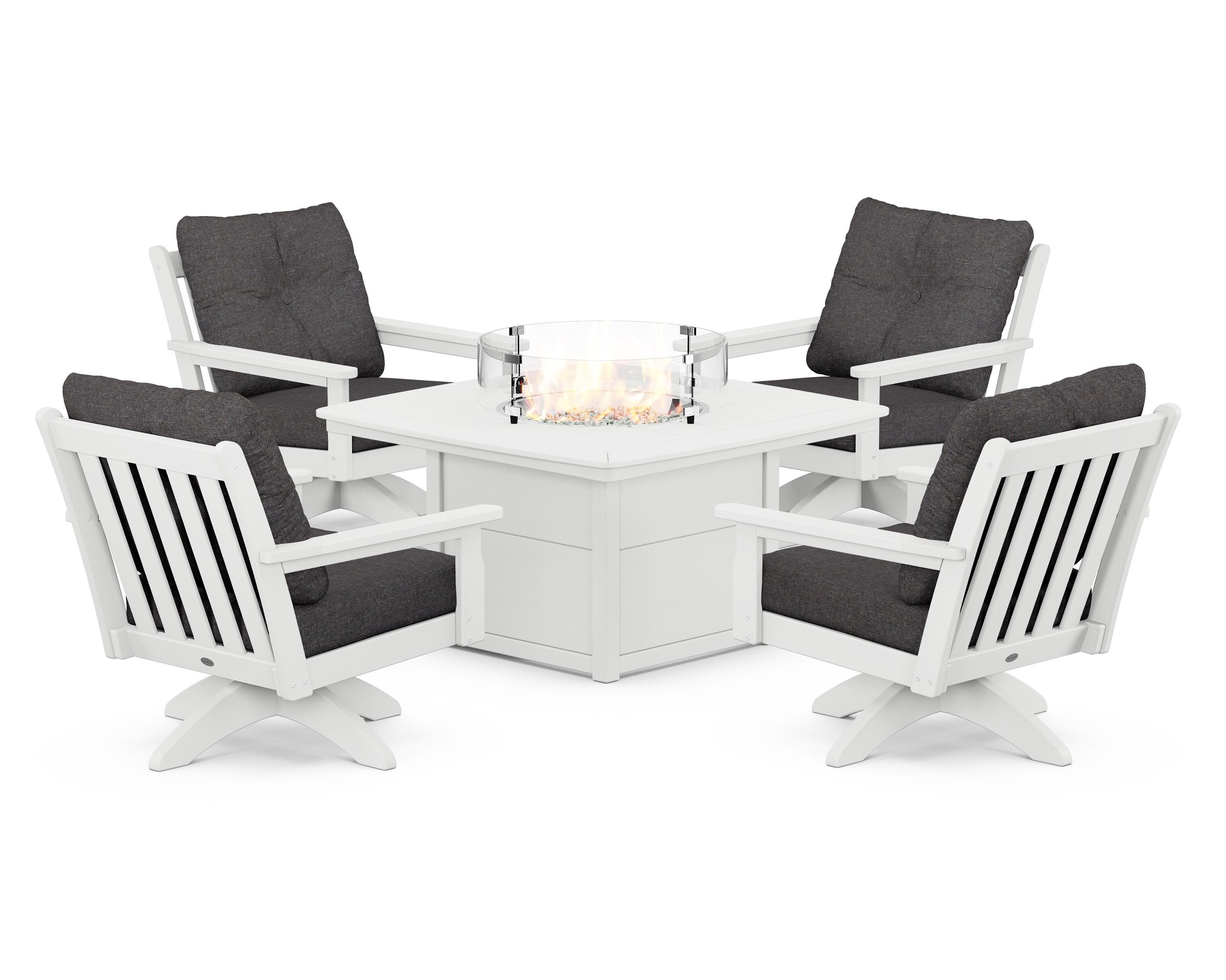 POLYWOOD Vineyard 5-Piece Deep Seating Swivel Conversation Set with Fire Pit Table in White / Ash Charcoal