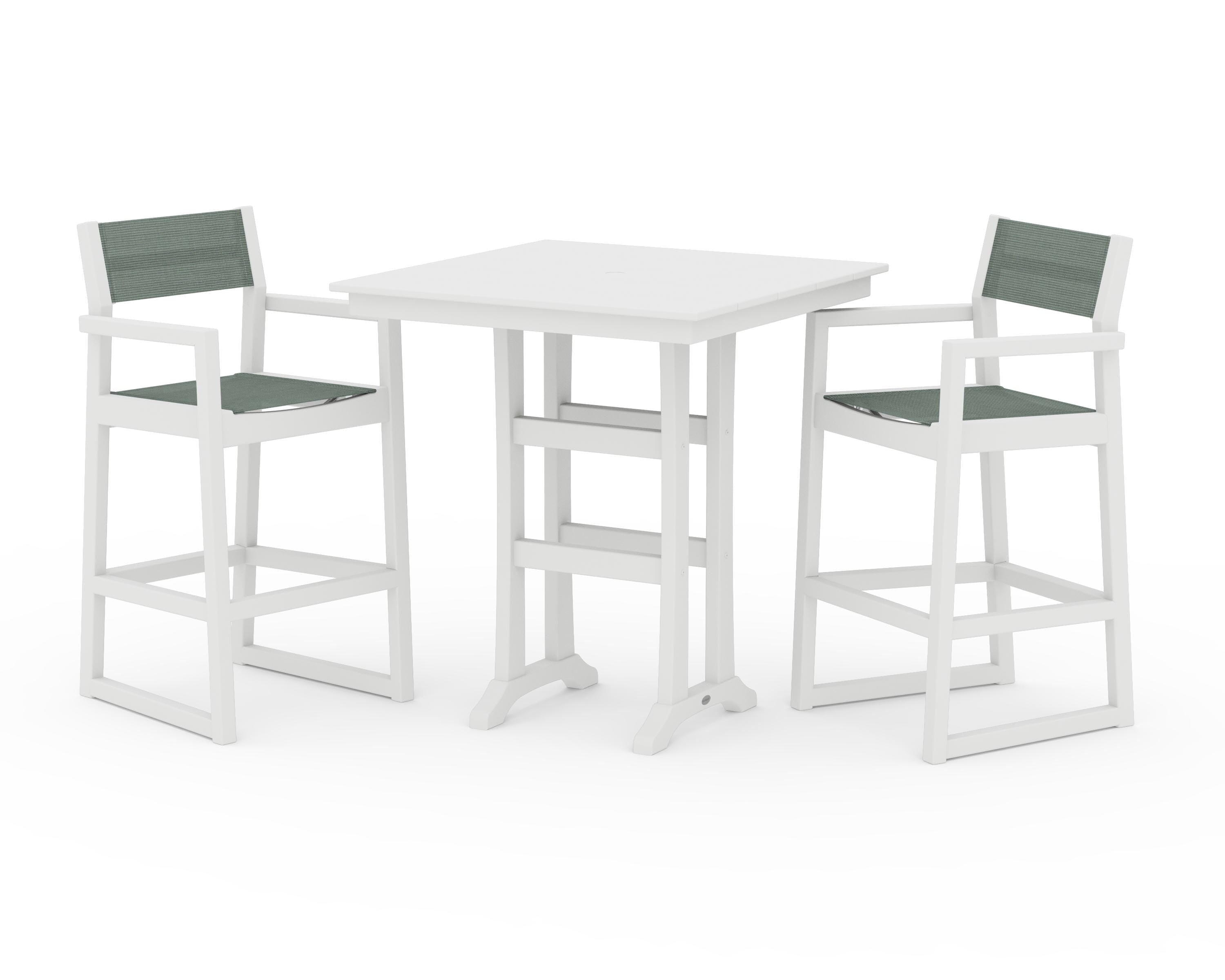 POLYWOOD EDGE Sling Arm Chair 3-Piece Farmhouse Bar Set with Trestle Legs in White / Dupioni Sea Mist Sling