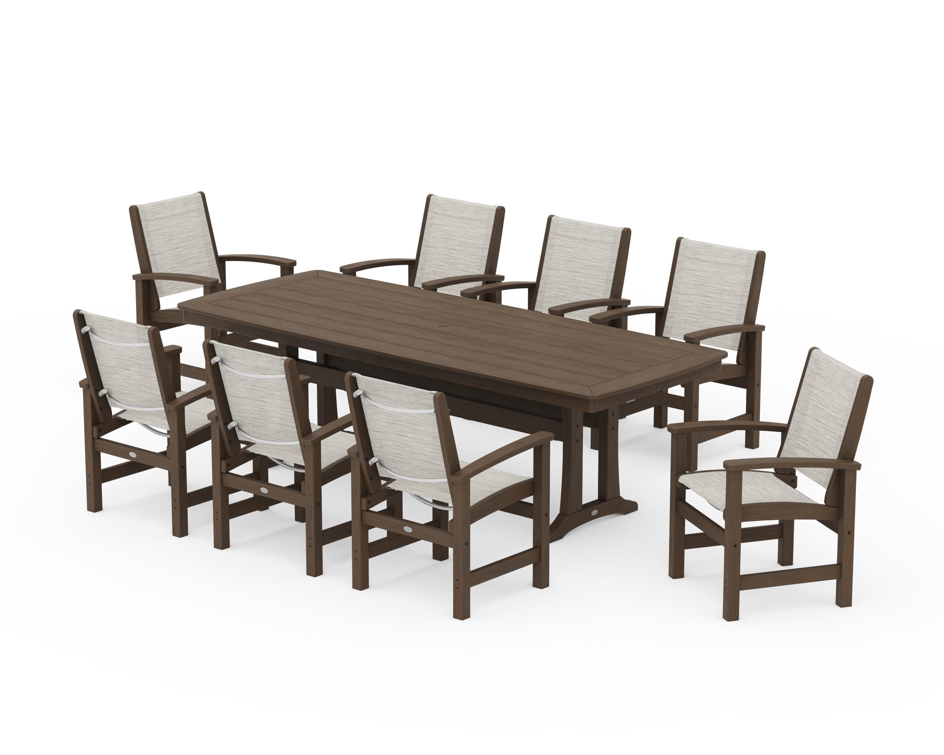 POLYWOOD Coastal 9-Piece Dining Set with Trestle Legs in Kona / Birch Sling