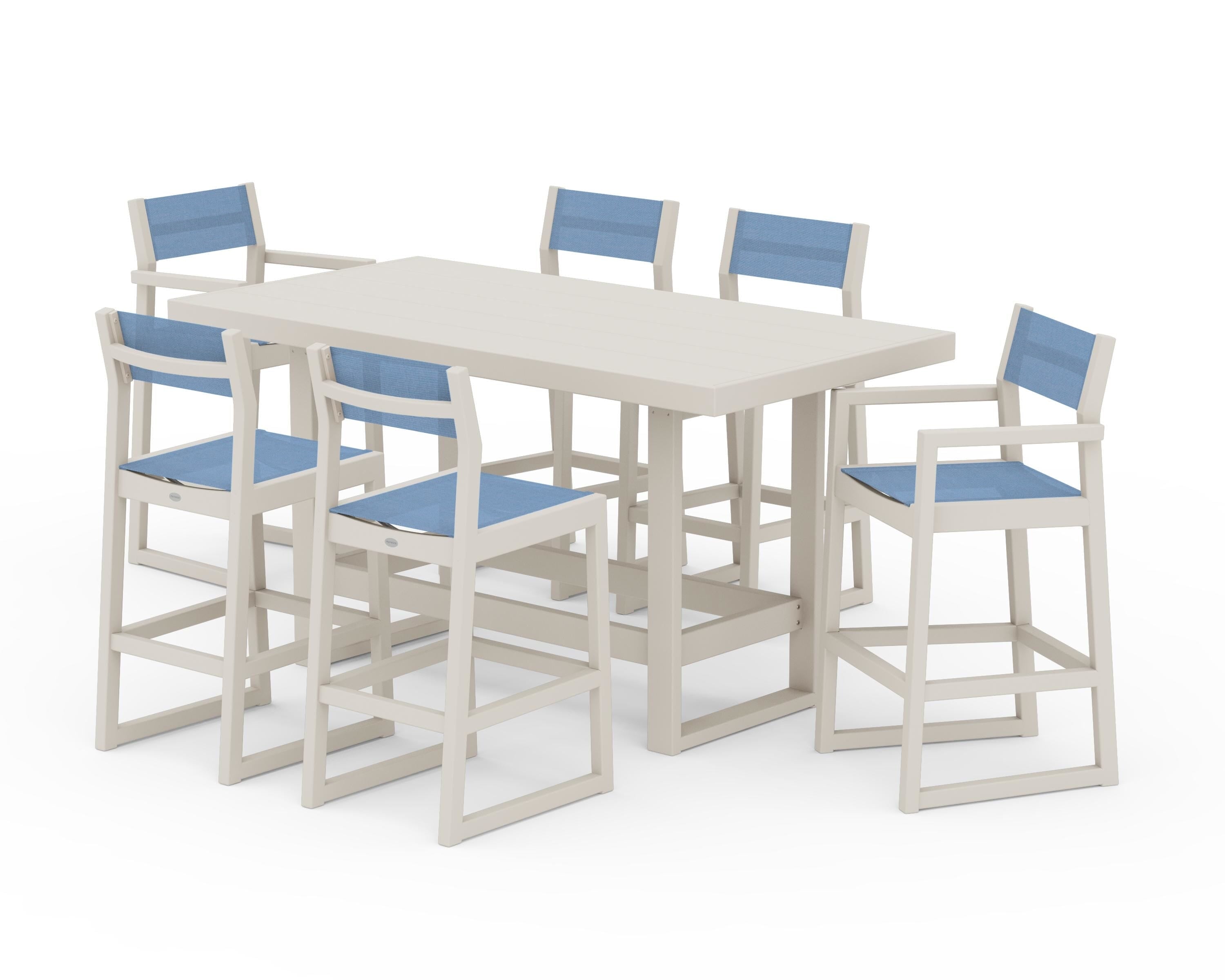 POLYWOOD EDGE Sling 7-Piece Bar Table Set in Sand / Poolside Sling