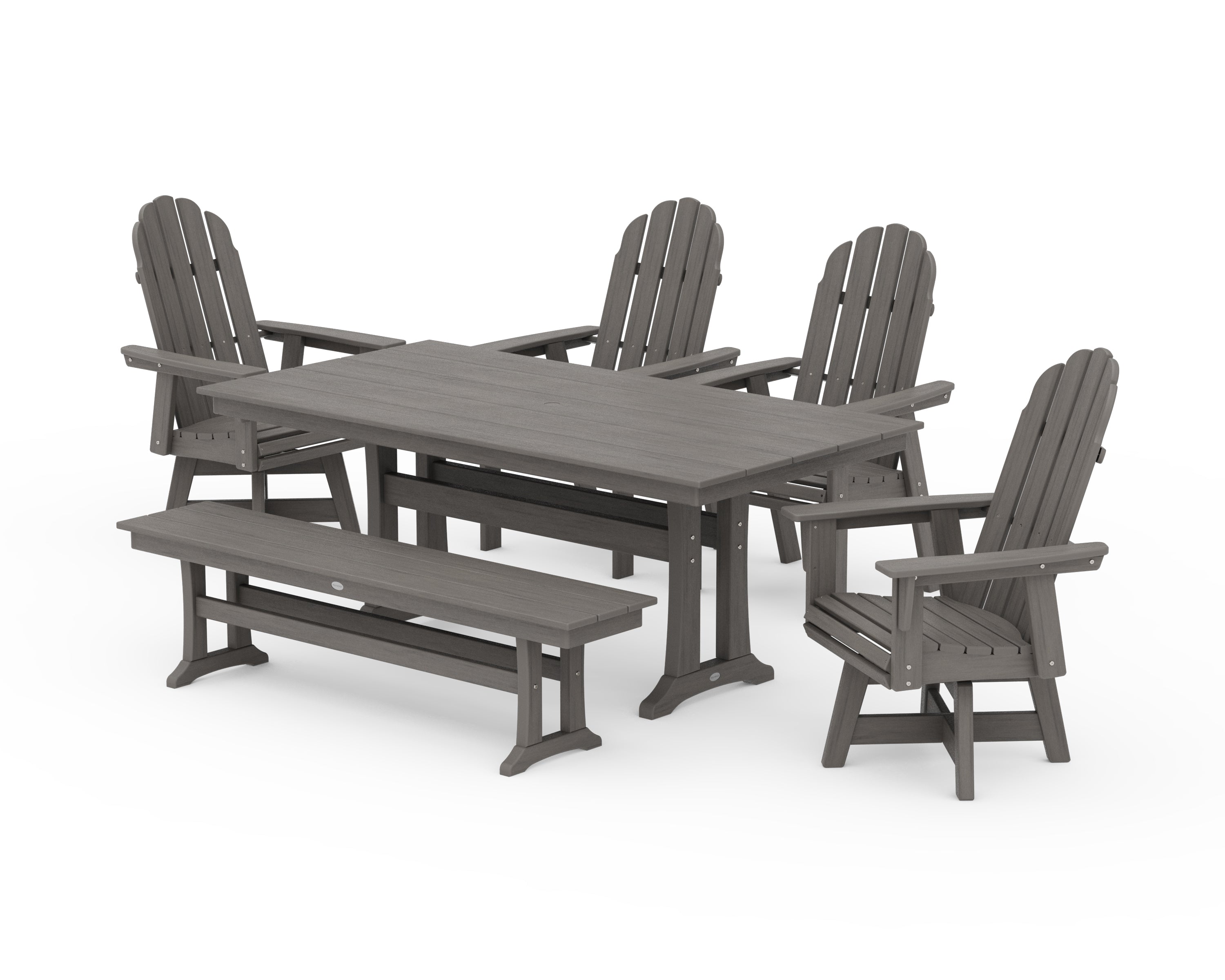 POLYWOOD Vineyard Curveback Adirondack 6-Piece Swivel Chair Farmhouse Dining Set with Trestle Legs and Bench in Driftwood