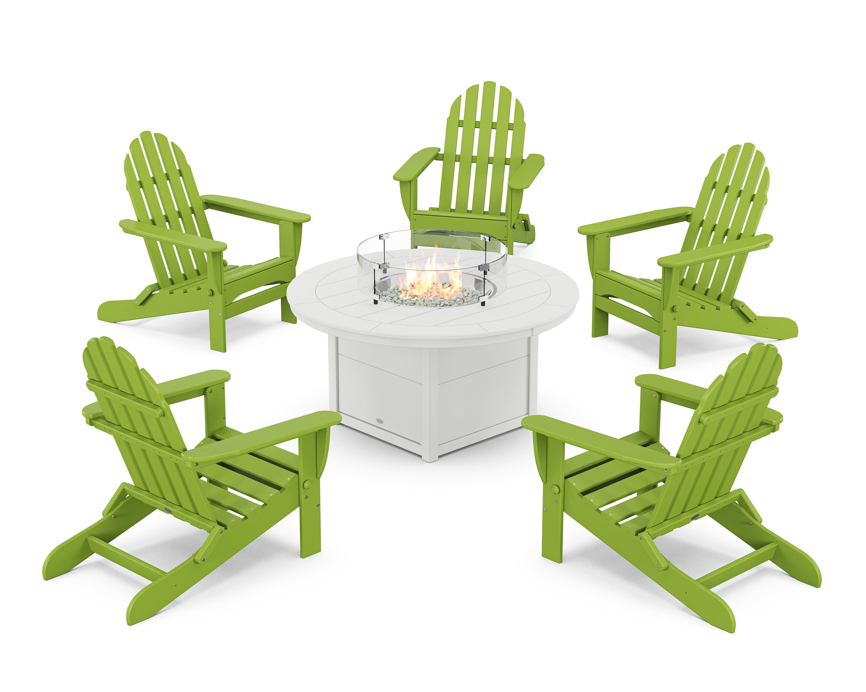 POLYWOOD Classic Folding Adirondack 6-Piece Conversation Set with Fire Pit Table in Lime / White