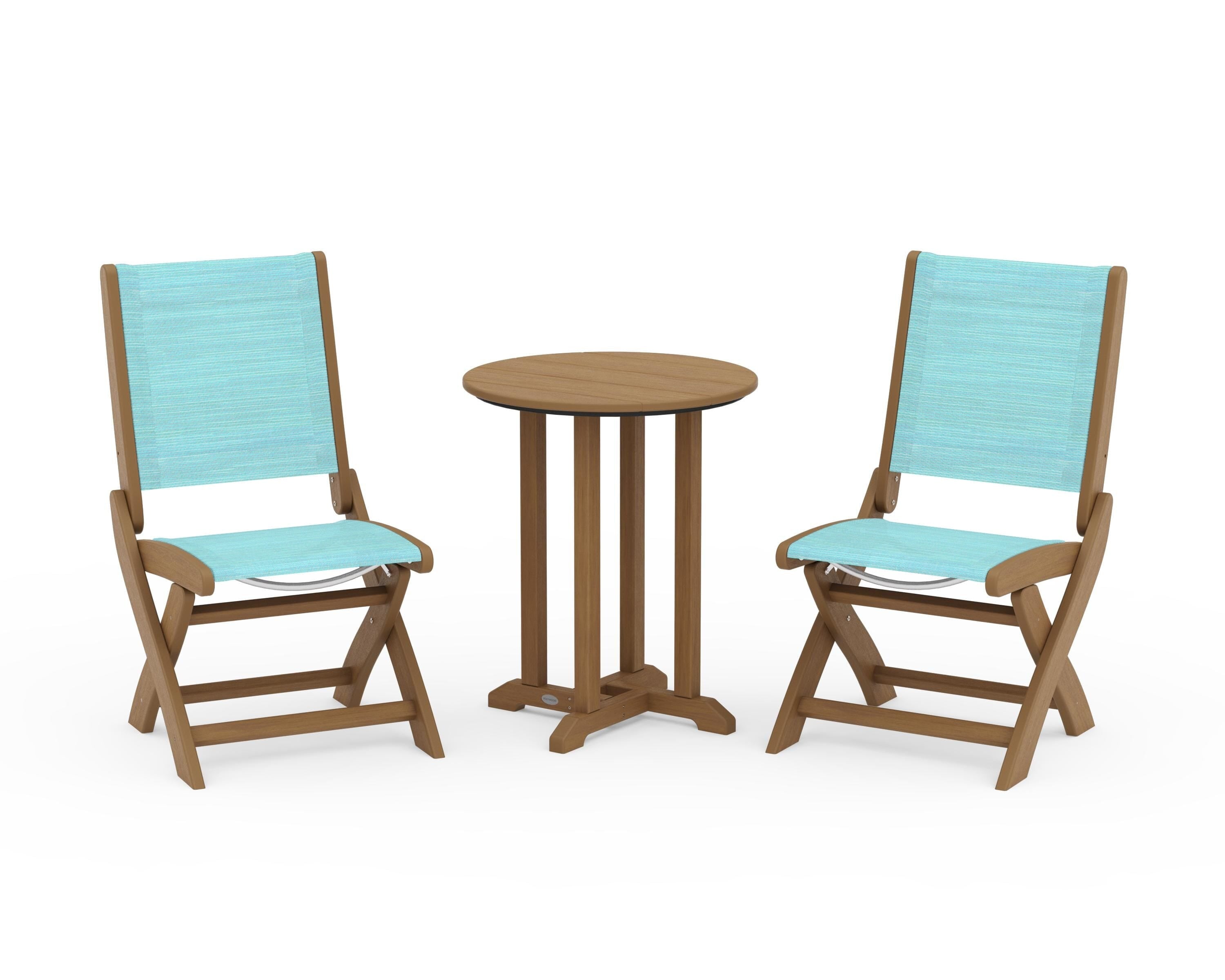 POLYWOOD Coastal Folding Side Chair 3-Piece Round Bistro Dining Set in Natural / Dupioni Aquamarine Sling
