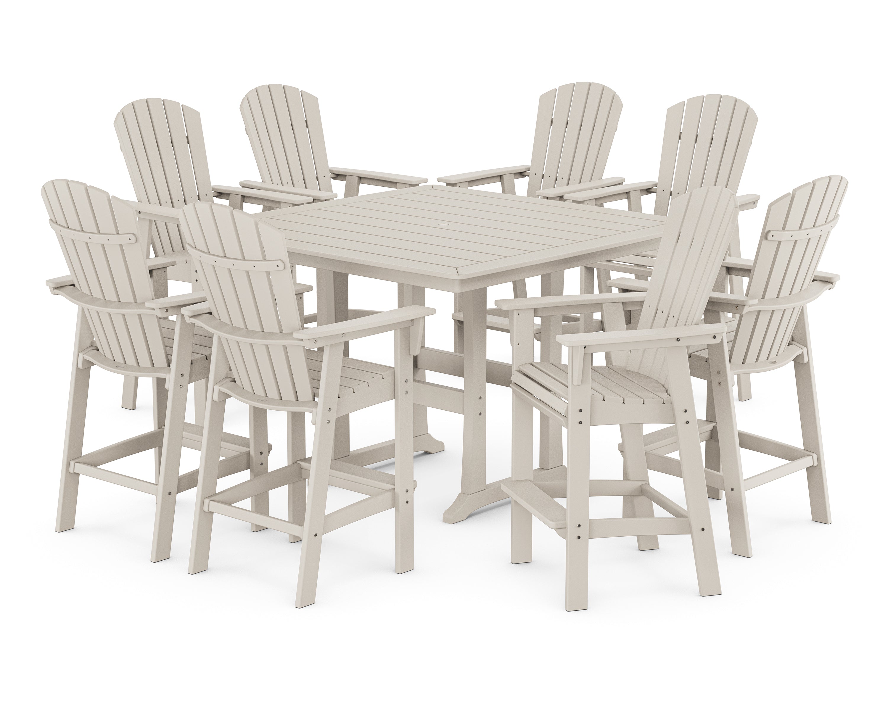 POLYWOOD® Nautical Curveback Adirondack 9-Piece Trestle Bar Set in Sand