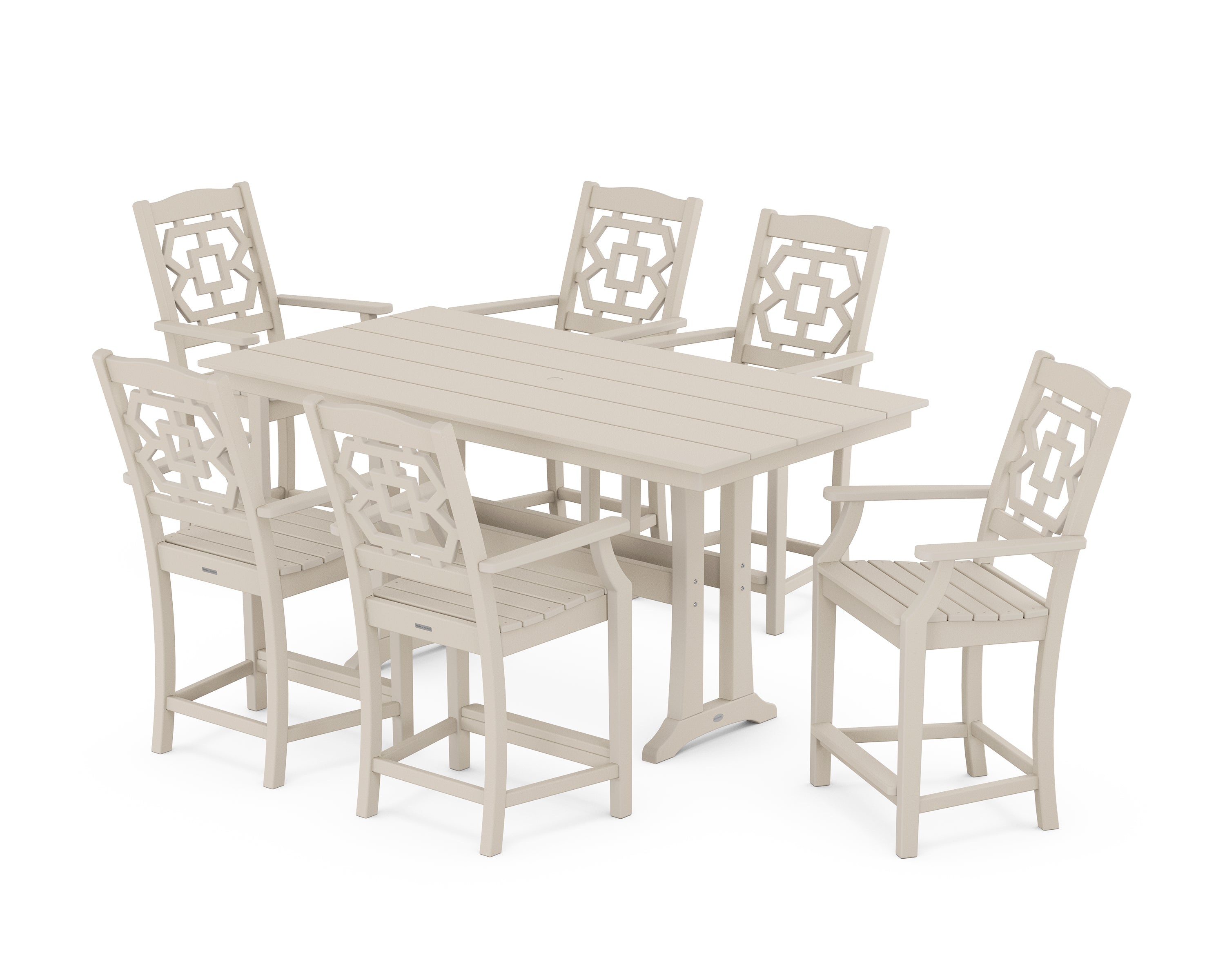 Martha Stewart by POLYWOOD® Chinoiserie Arm Chair 7-Piece Farmhouse Counter Set with Trestle Legs in Sand