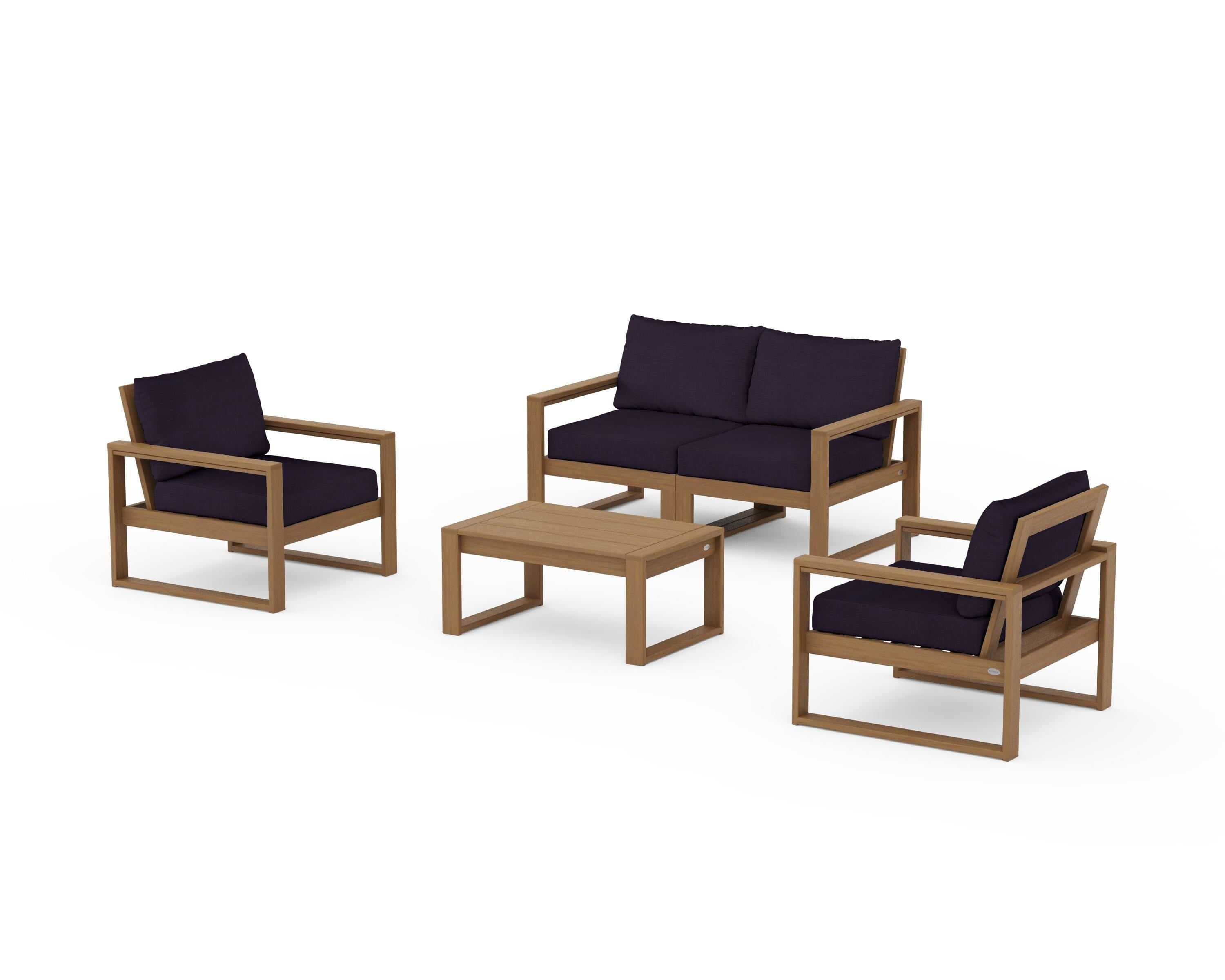 POLYWOOD EDGE Sectional 4-Piece Deep Seating Set with Loveseat in Natural / Navy Linen