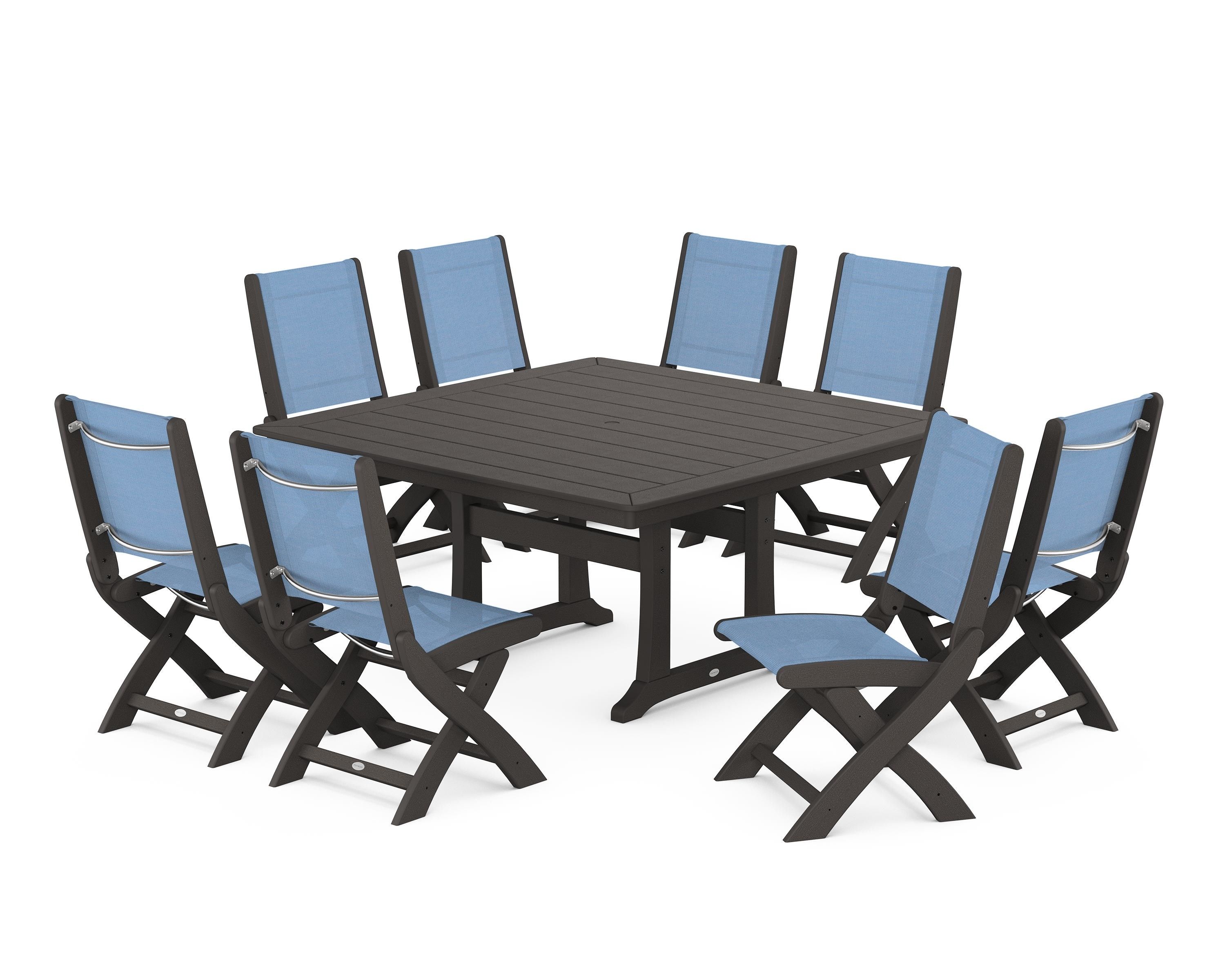 POLYWOOD Coastal Folding Side Chair 9-Piece Dining Set with Trestle Legs in Vintage Coffee / Poolside Sling