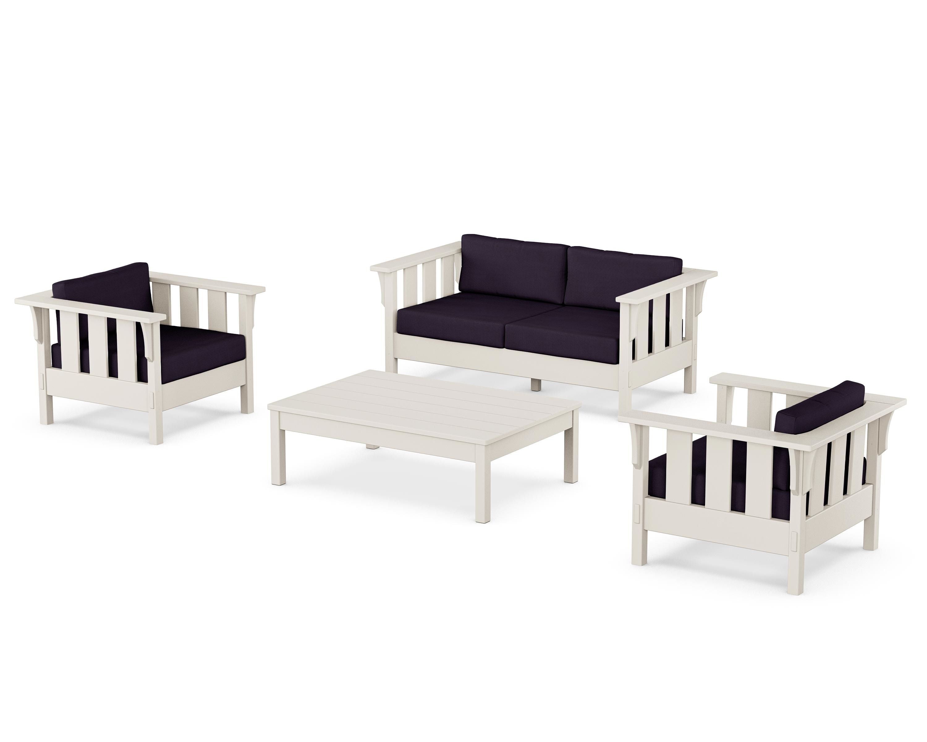 Martha Stewart by POLYWOOD Acadia 4-Piece Deep Seating Set with Loveseat in Sand / Navy Linen