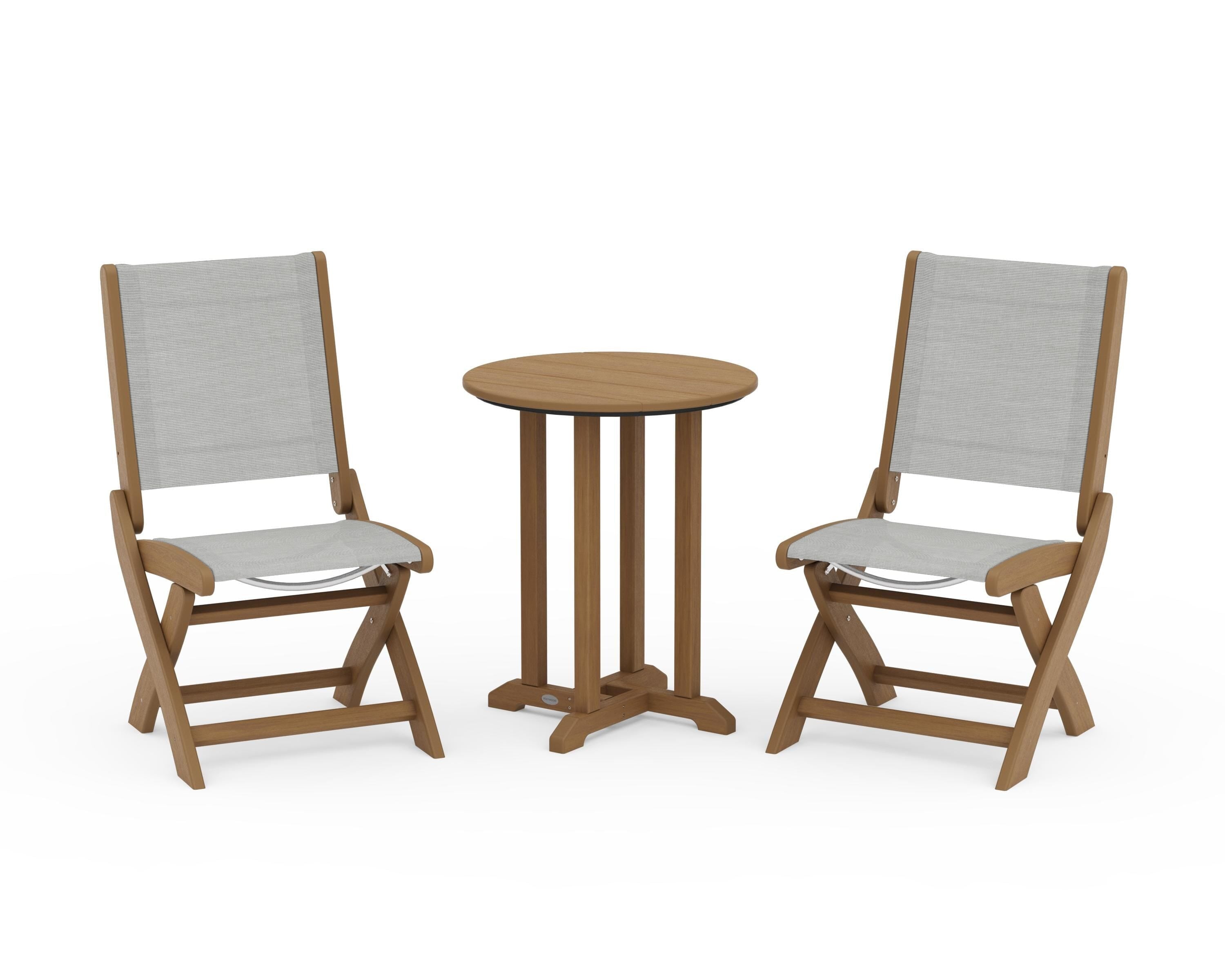 POLYWOOD Coastal Folding Side Chair 3-Piece Round Bistro Dining Set in Natural / Metallic Sling