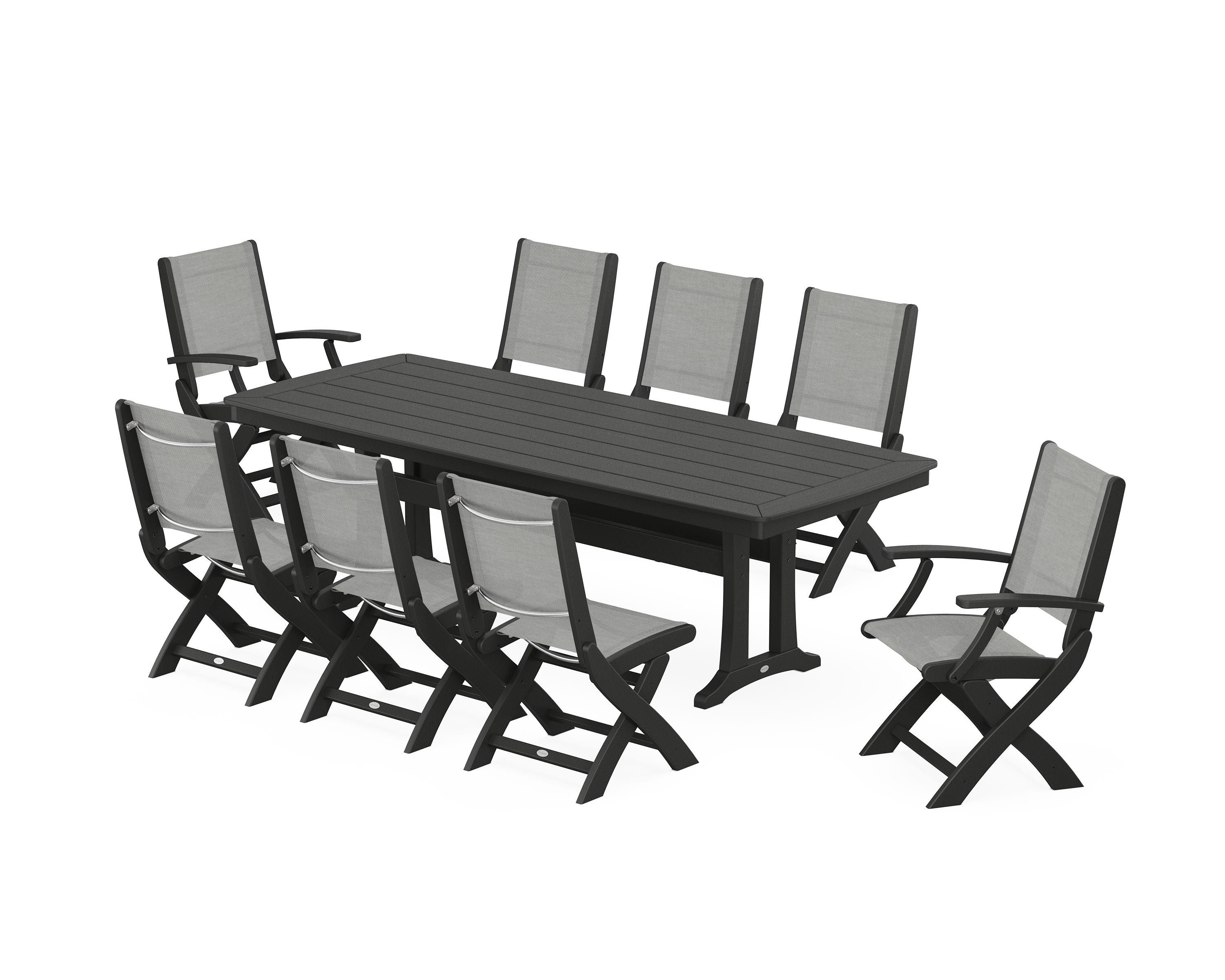 POLYWOOD Coastal Folding 9-Piece Dining Set with Trestle Legs in Black / Metallic Sling