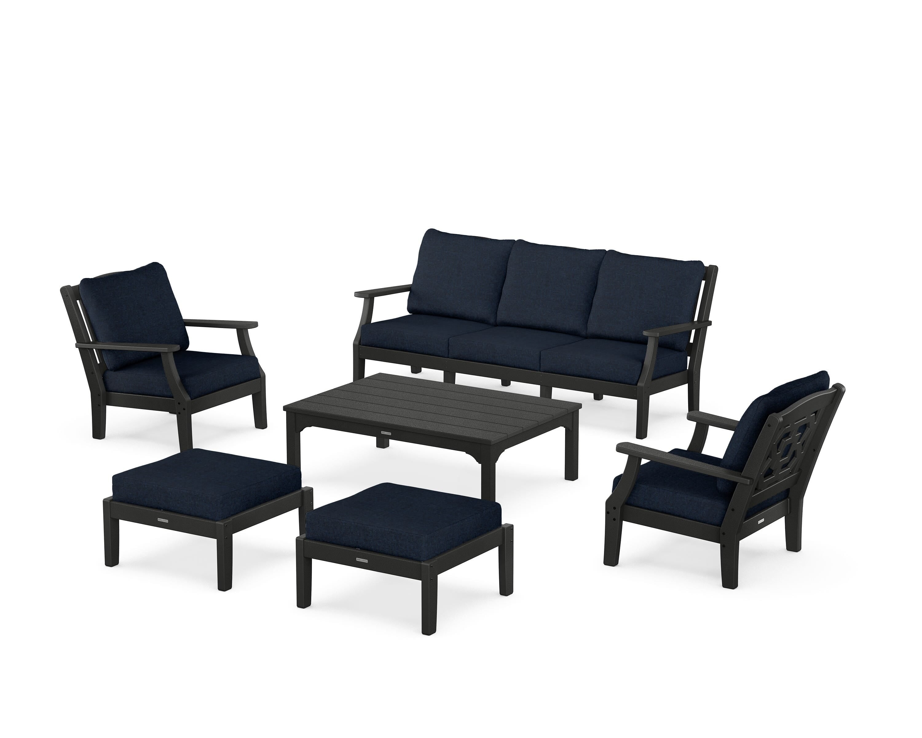 Martha Stewart by POLYWOOD Chinoiserie 6-Piece Lounge Sofa Set in Black / Marine Indigo