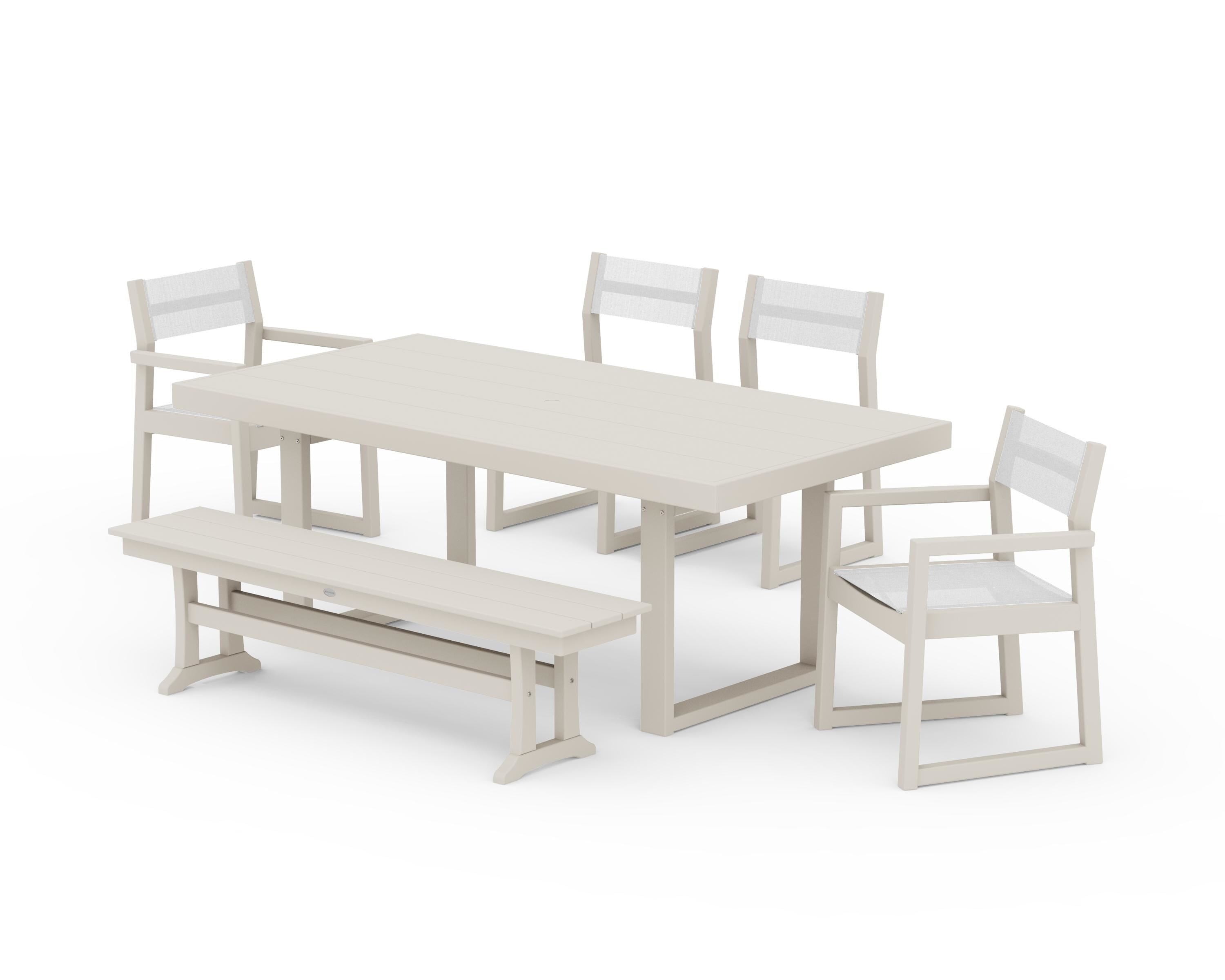 POLYWOOD EDGE Sling 6-Piece Dining Set with Bench in Sand / White Sling