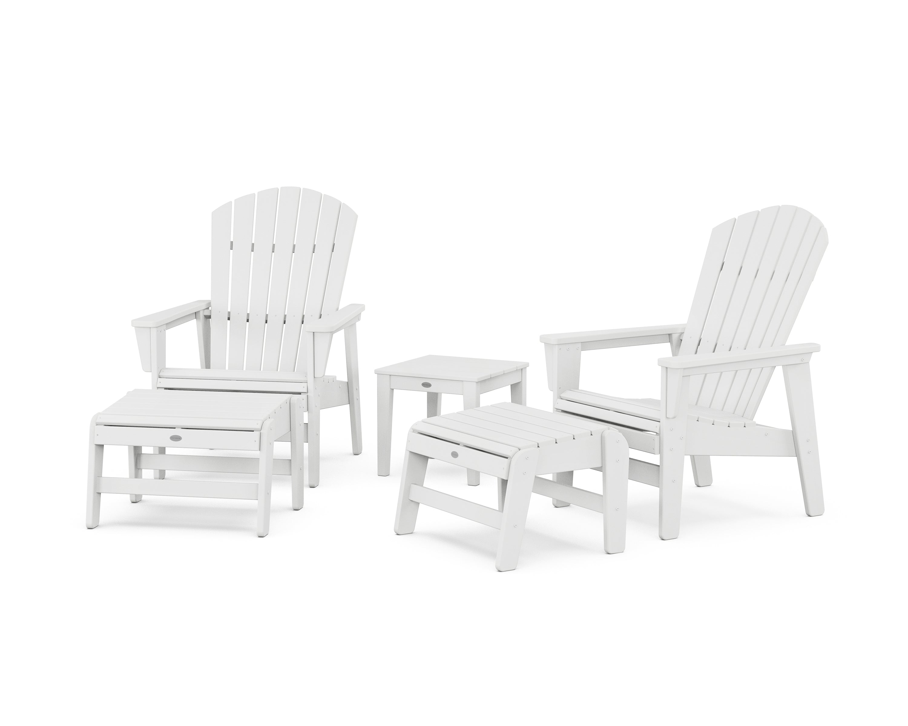 POLYWOOD 5-Piece Nautical Grand Upright Adirondack Set with Ottomans and Side Table in White