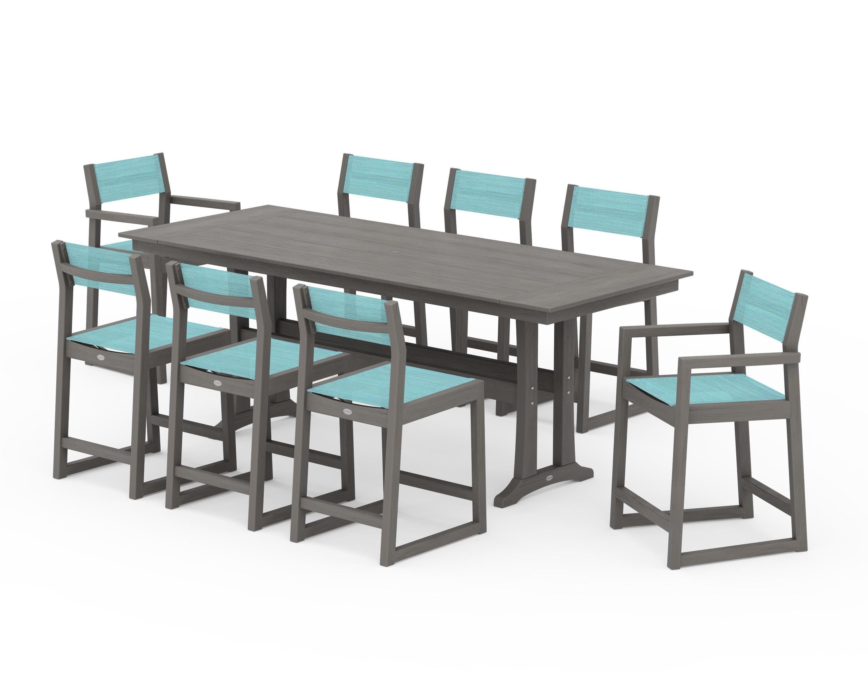 POLYWOOD EDGE Sling 9-Piece Farmhouse Counter Set with Trestle Legs in Driftwood / Dupioni Aquamarine Sling