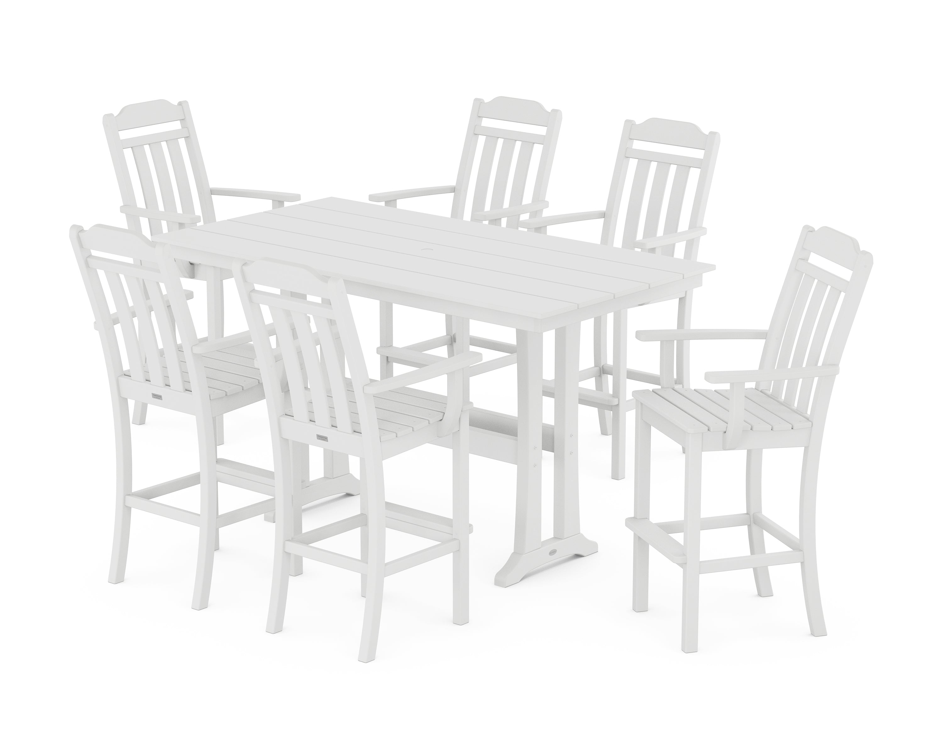 POLYWOOD Country Living Arm Chair 7-Piece Farmhouse Bar Set with Trestle Legs in White