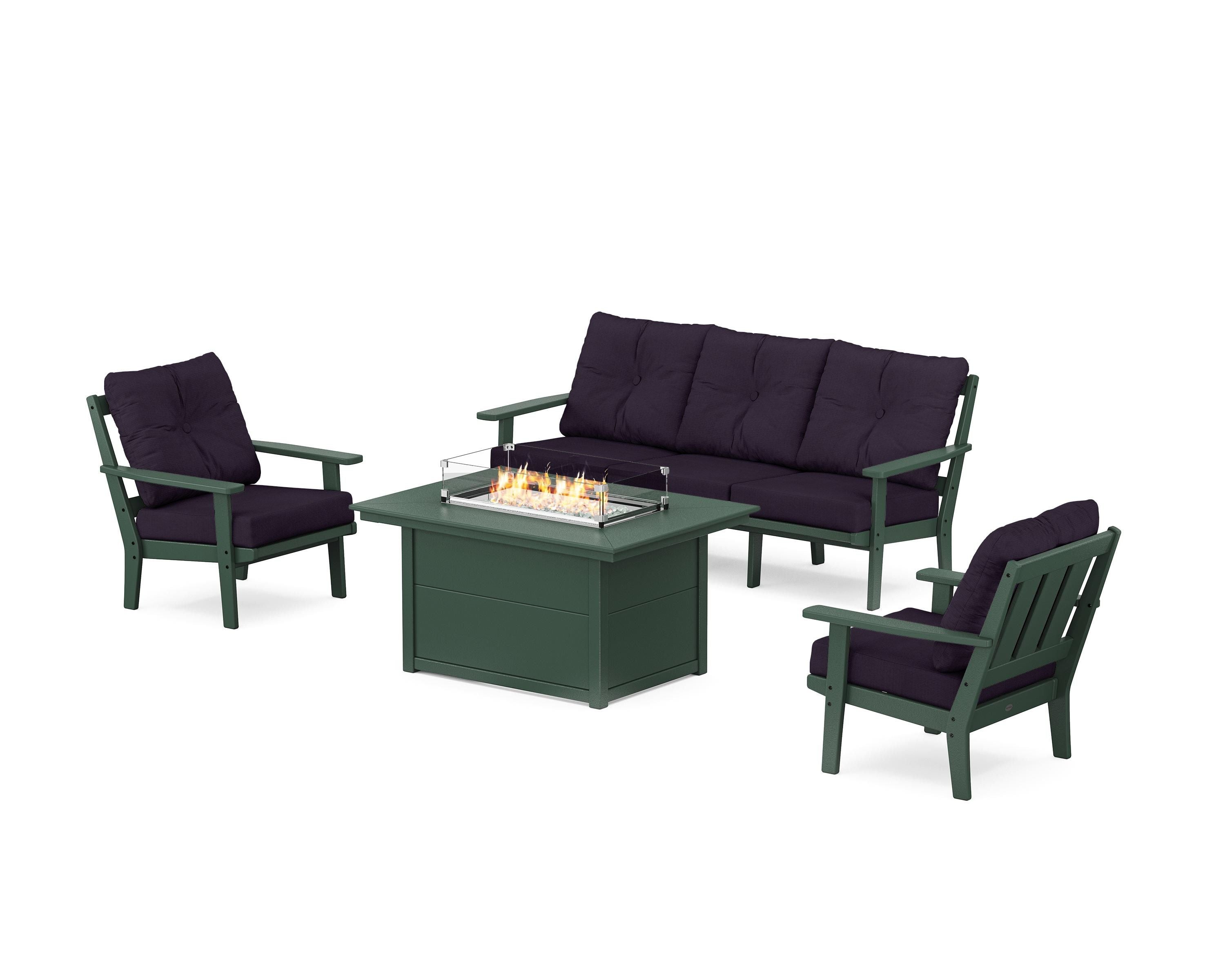 POLYWOOD Oxford Deep Seating Fire Pit Table Set in Green / Navy Linen