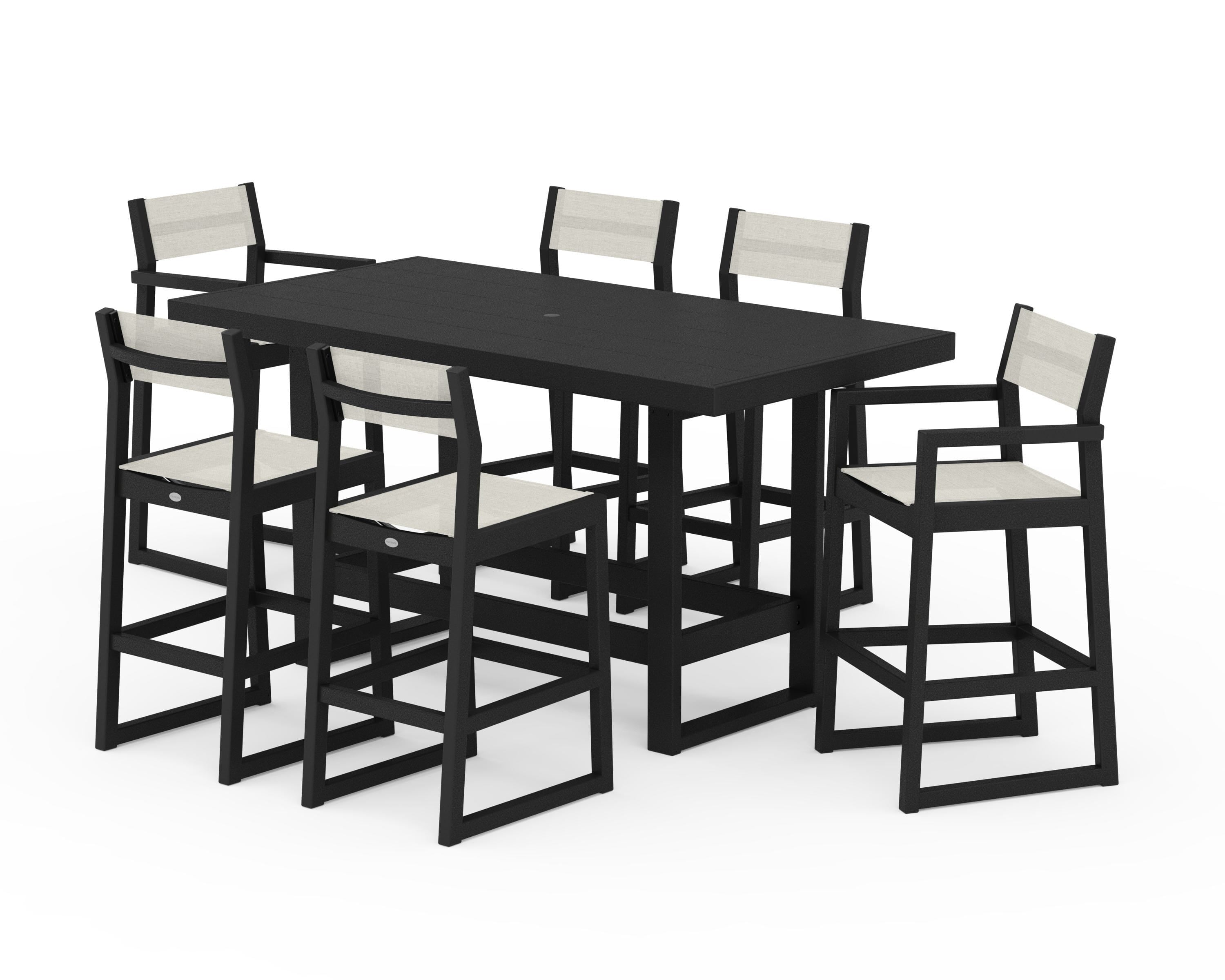 POLYWOOD EDGE Sling 7-Piece Bar Table Set in Black / Parchment Sling