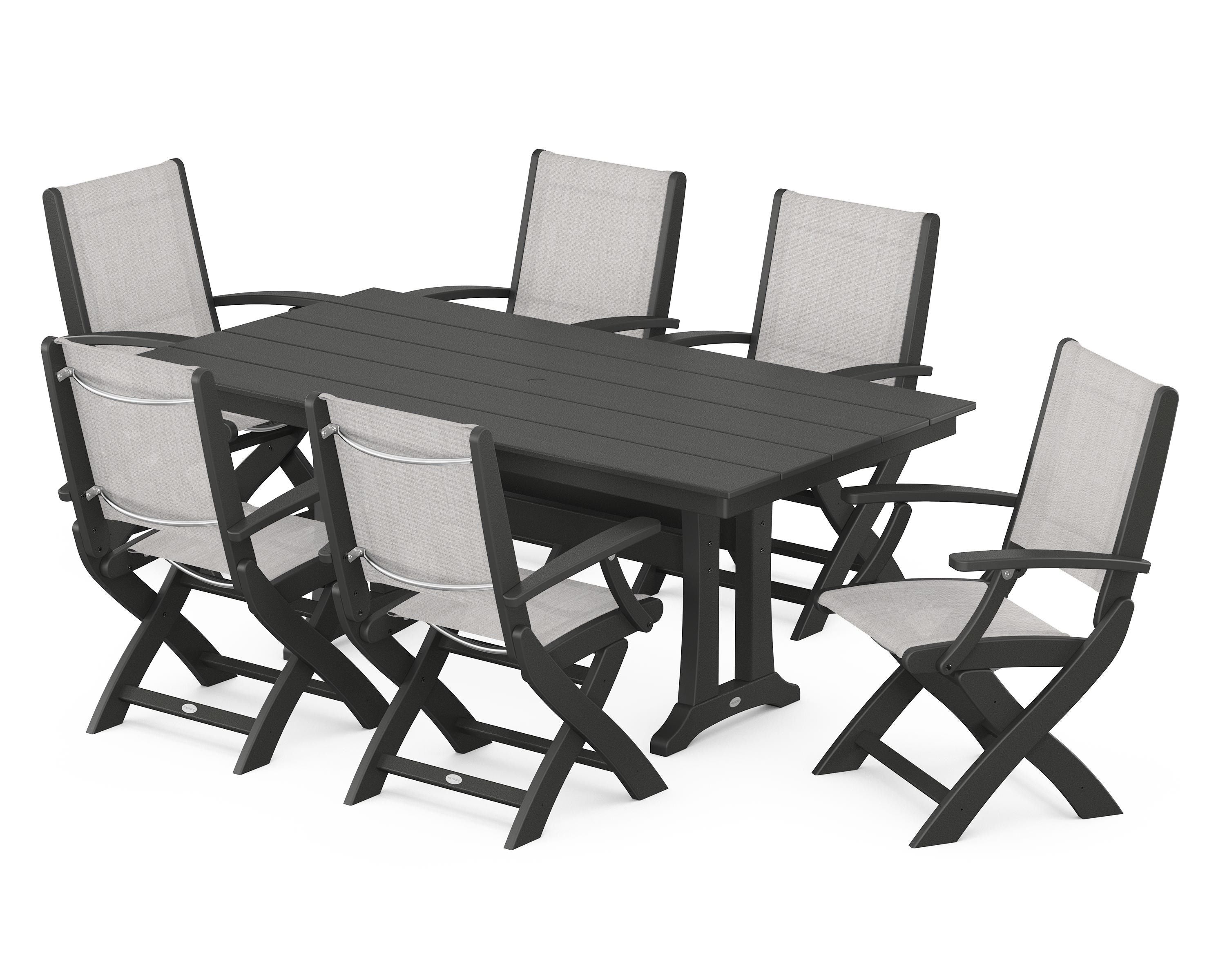 POLYWOOD Coastal Folding Arm Chair 7-Piece Farmhouse Dining Set with Trestle Legs in Black / Parchment Sling