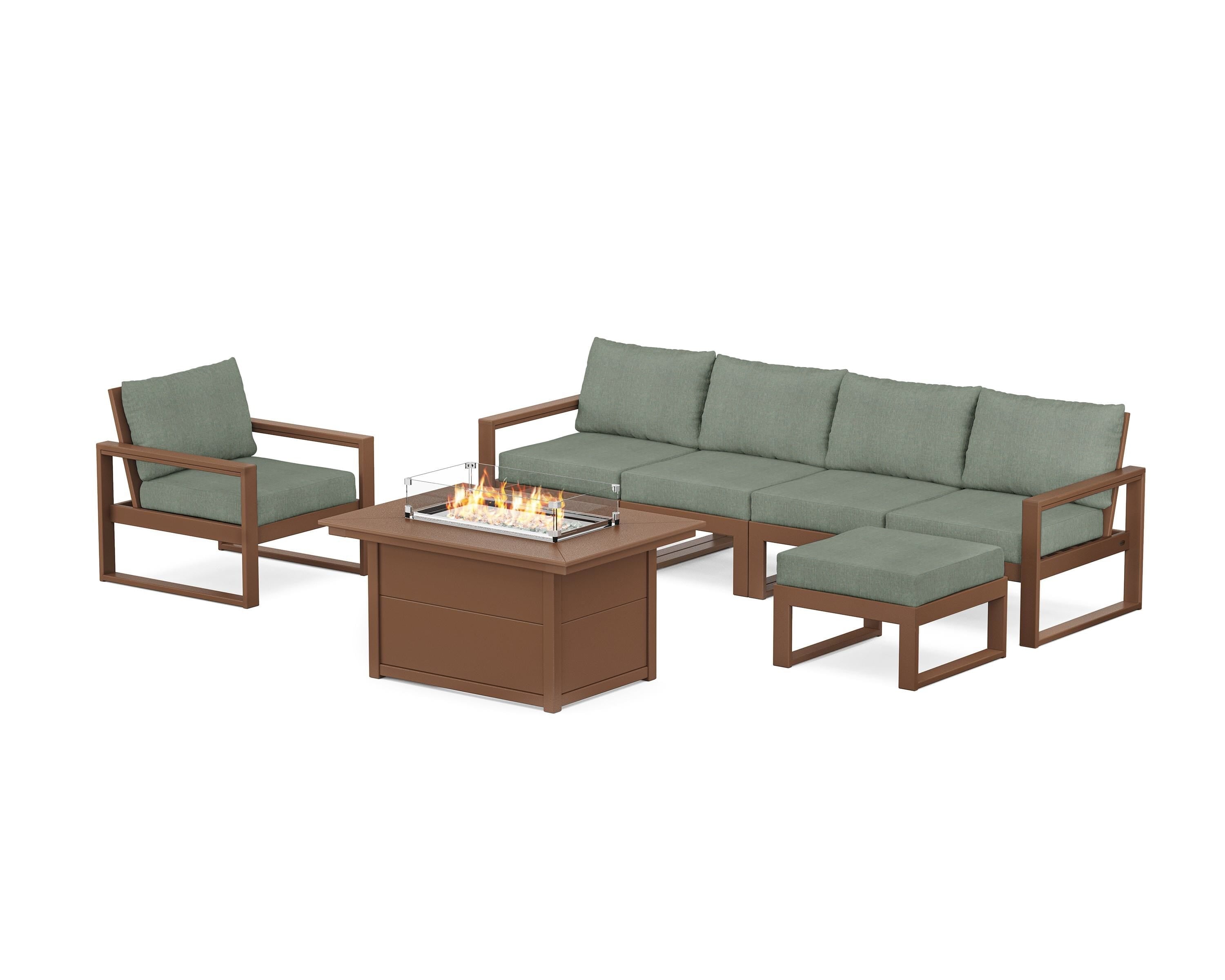 POLYWOOD EDGE Sectional Lounge and Fire Pit Set in Teak / Cast Sage