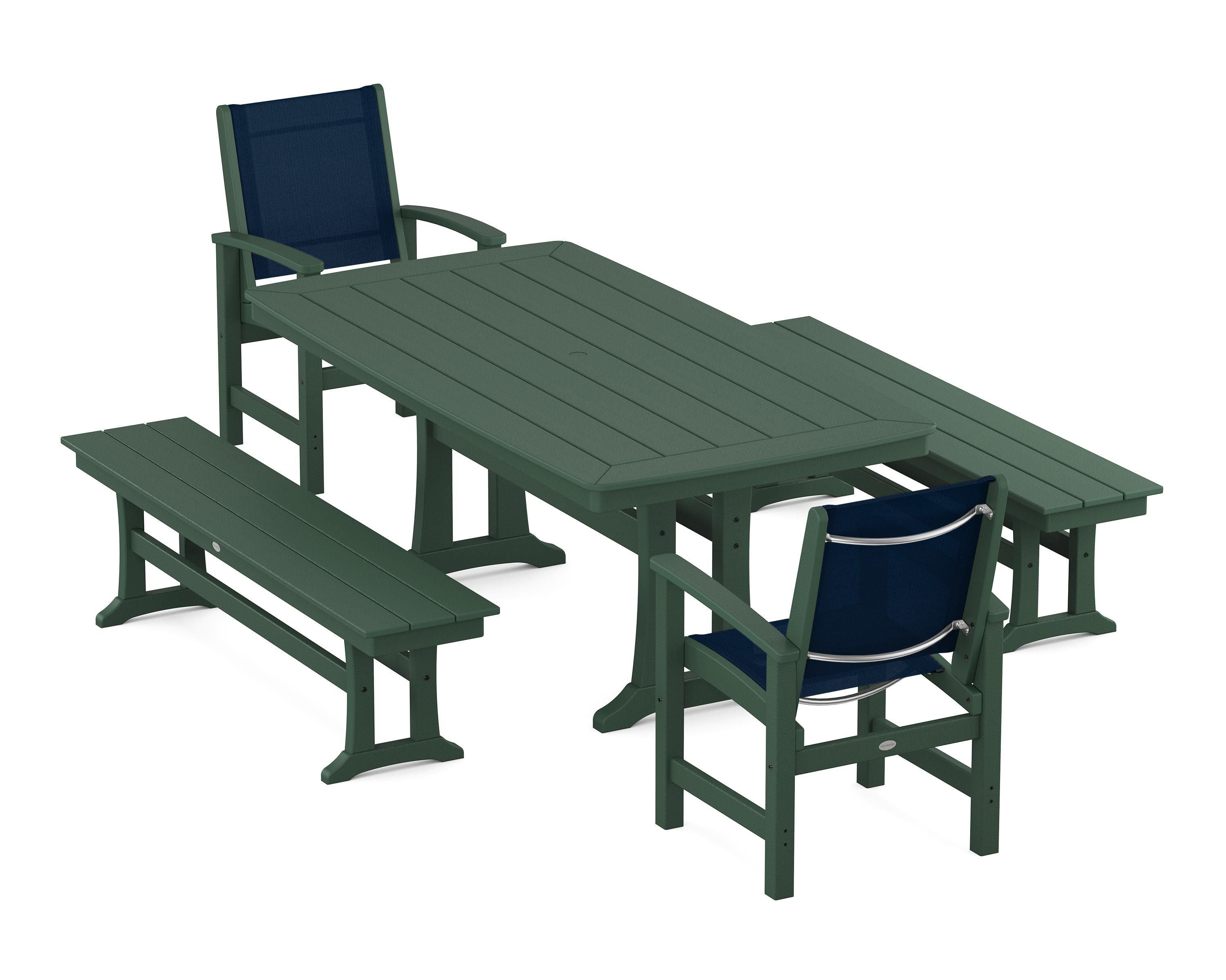 POLYWOOD Coastal 5-Piece Dining Set with Trestle Legs and Benches in Green / Navy Blue Sling
