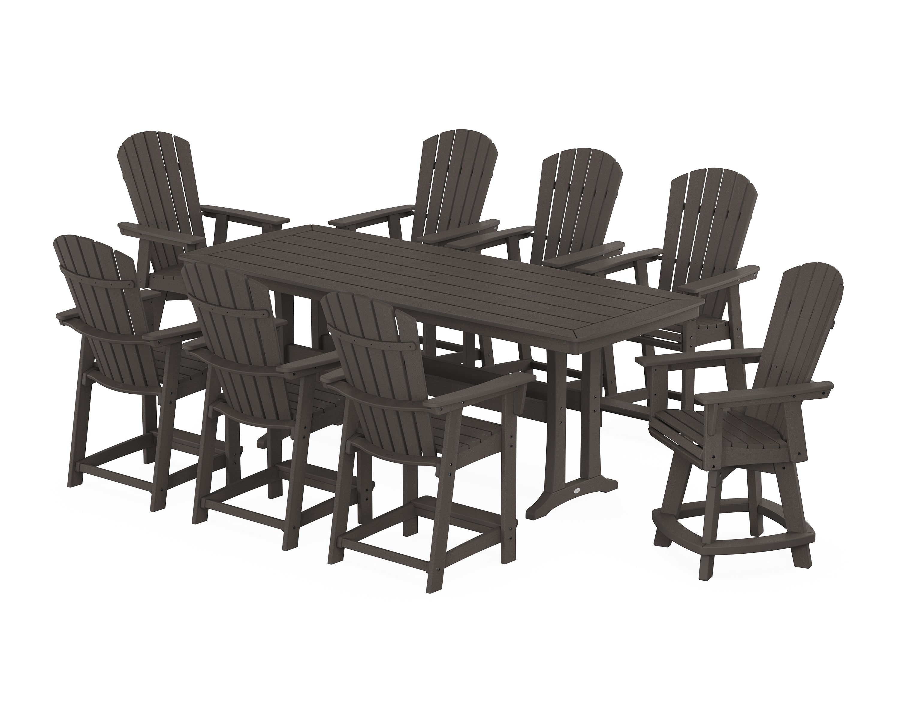 POLYWOOD® Nautical Curveback Adirondack Swivel 9-Piece Counter Set with Trestle Legs in Vintage Coffee