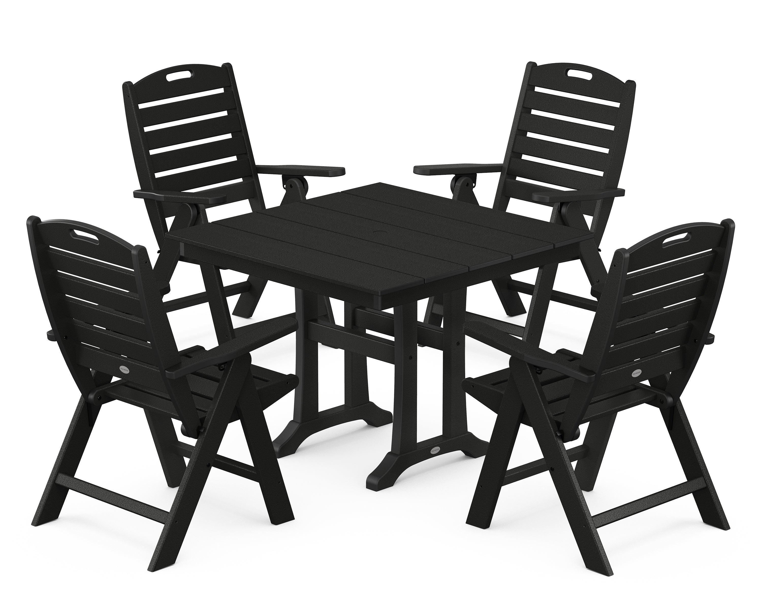 POLYWOOD Nautical Folding Highback Chair 5-Piece Farmhouse Trestle Dining Set in Black