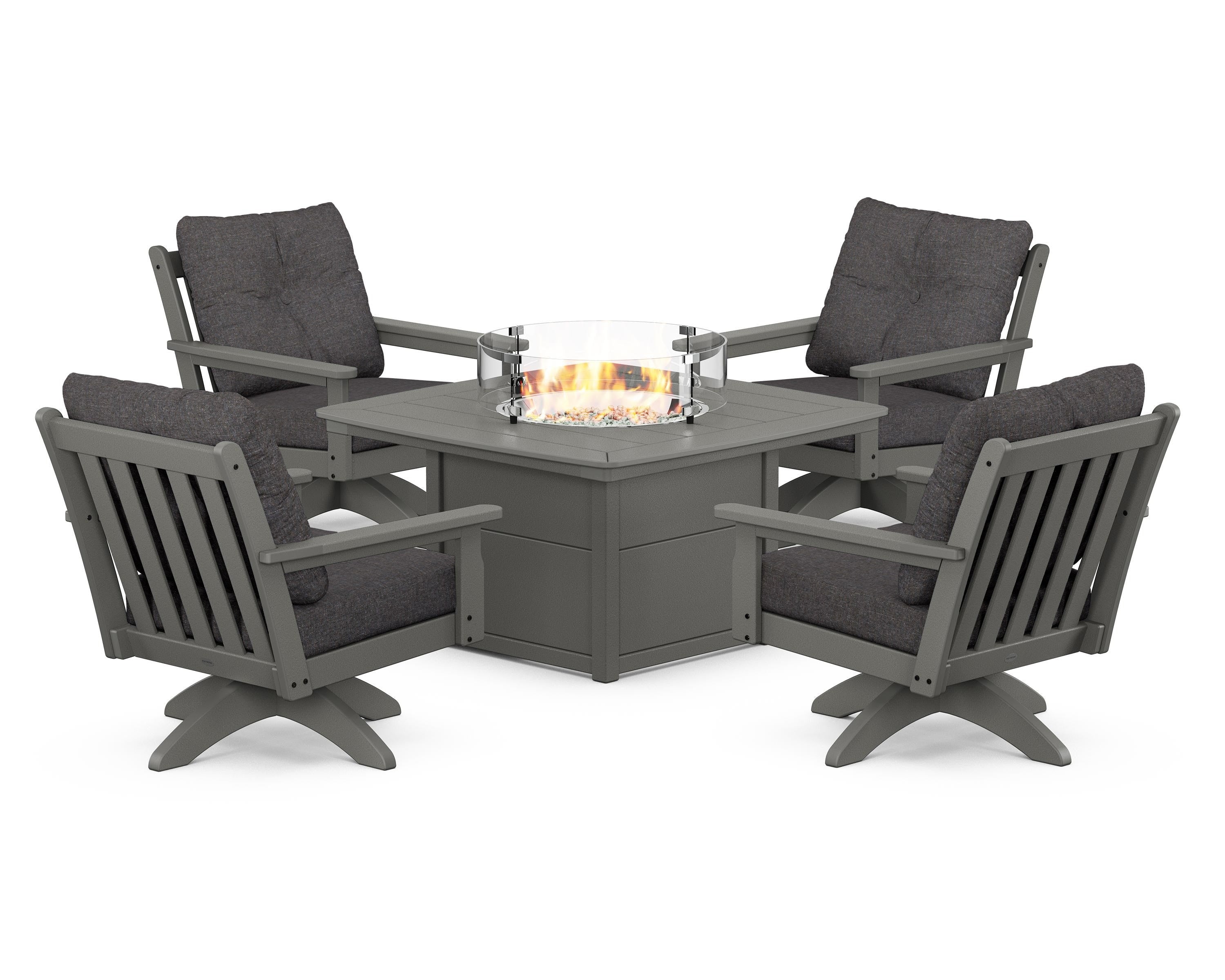 POLYWOOD Vineyard 5-Piece Deep Seating Swivel Conversation Set with Fire Pit Table in Slate Grey / Ash Charcoal