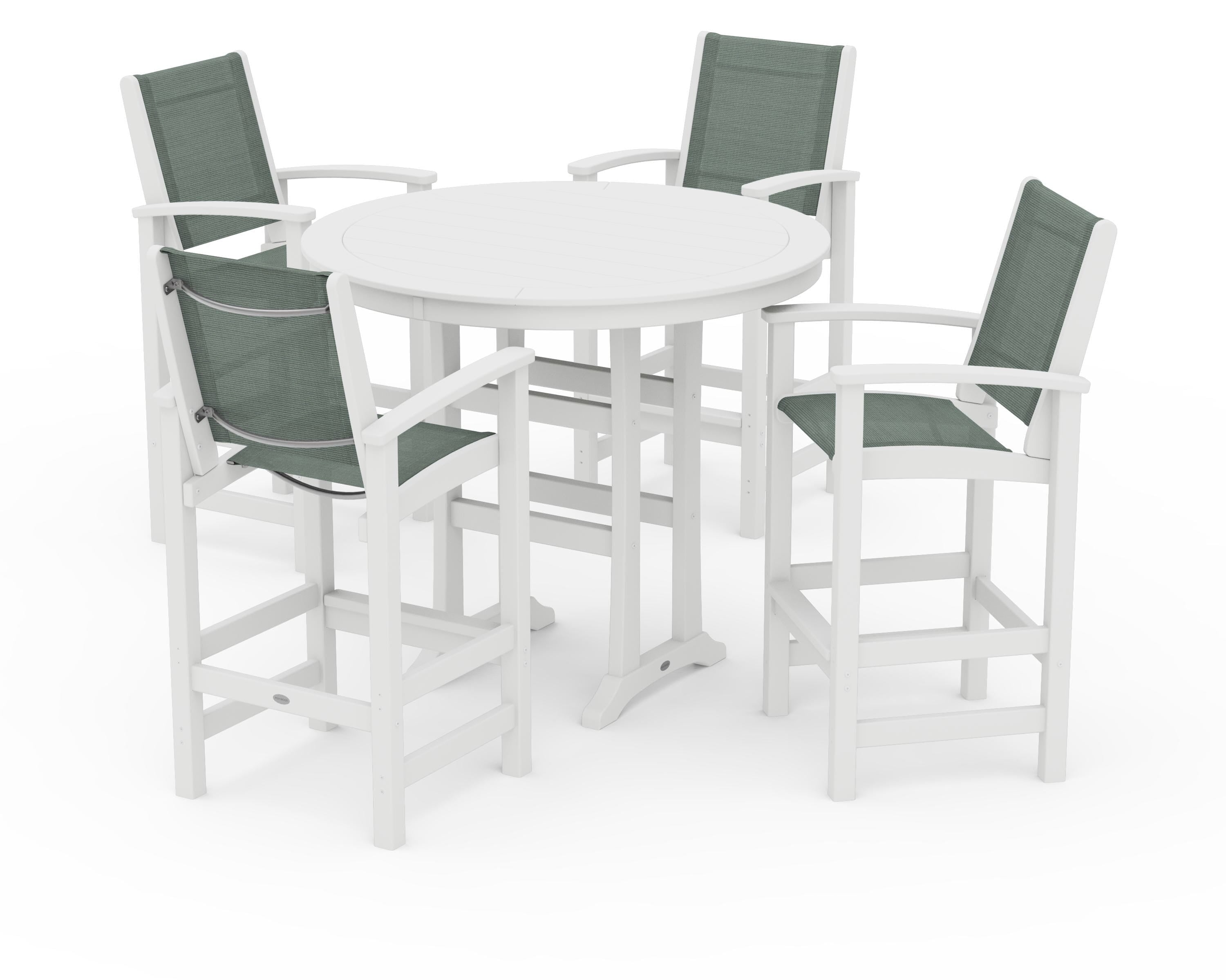POLYWOOD Coastal 5-Piece Nautical Trestle Bar Set in White / Dupioni Sea Mist Sling