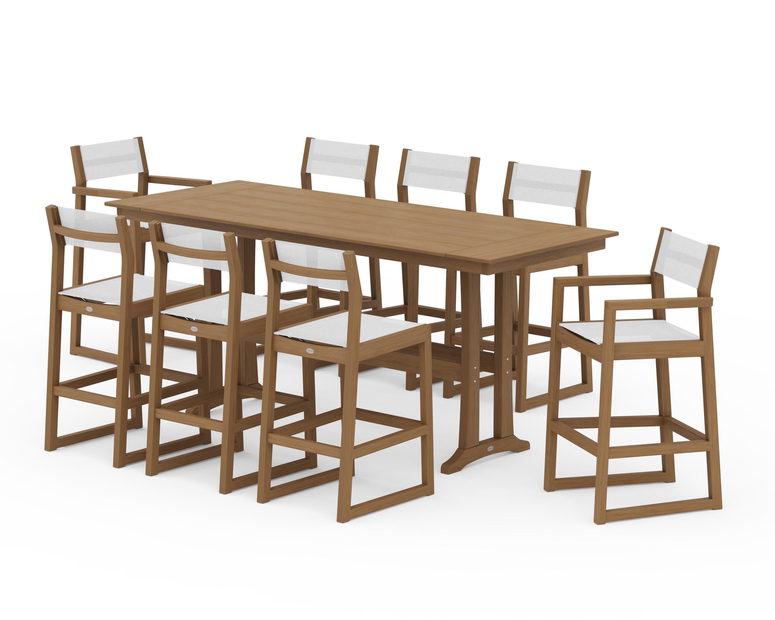 POLYWOOD EDGE Sling 9-Piece Farmhouse Bar Set with Trestle Legs in Natural / White Sling