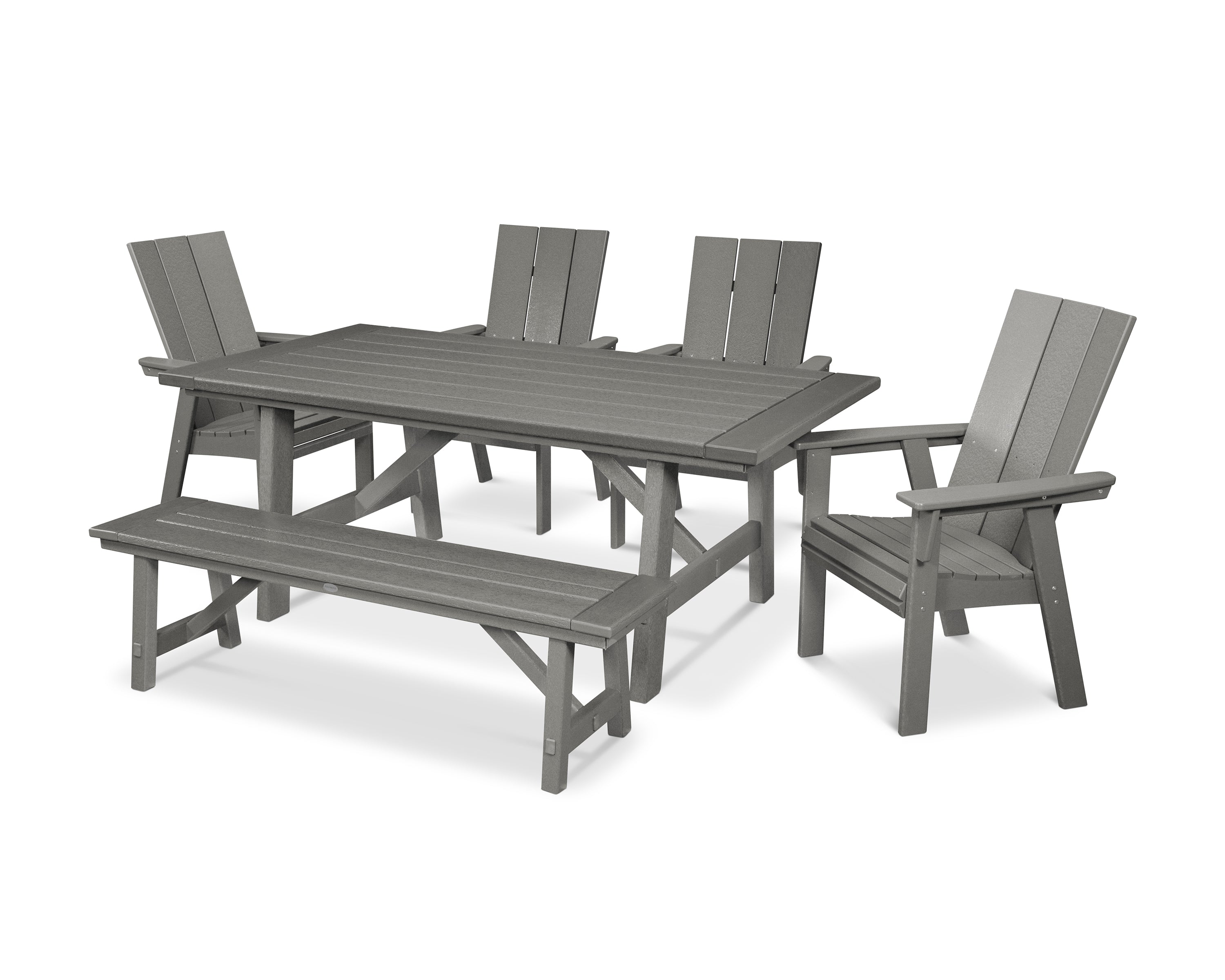 POLYWOOD® Modern Curveback Adirondack 6-Piece Rustic Farmhouse Dining Set with Bench in Slate Grey