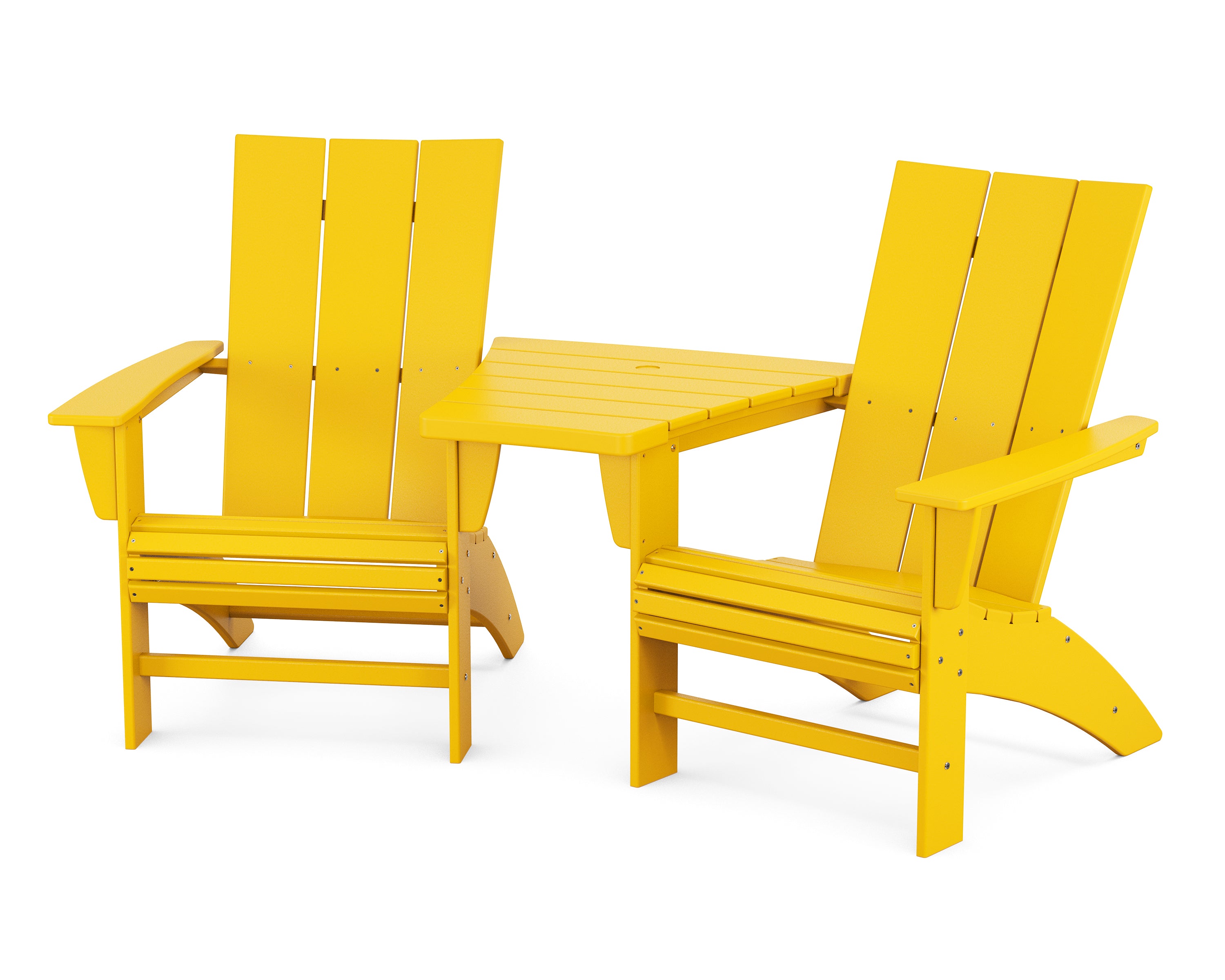 POLYWOOD® Modern 3-Piece Curveback Adirondack Set with Angled Connecting Table in Lemon