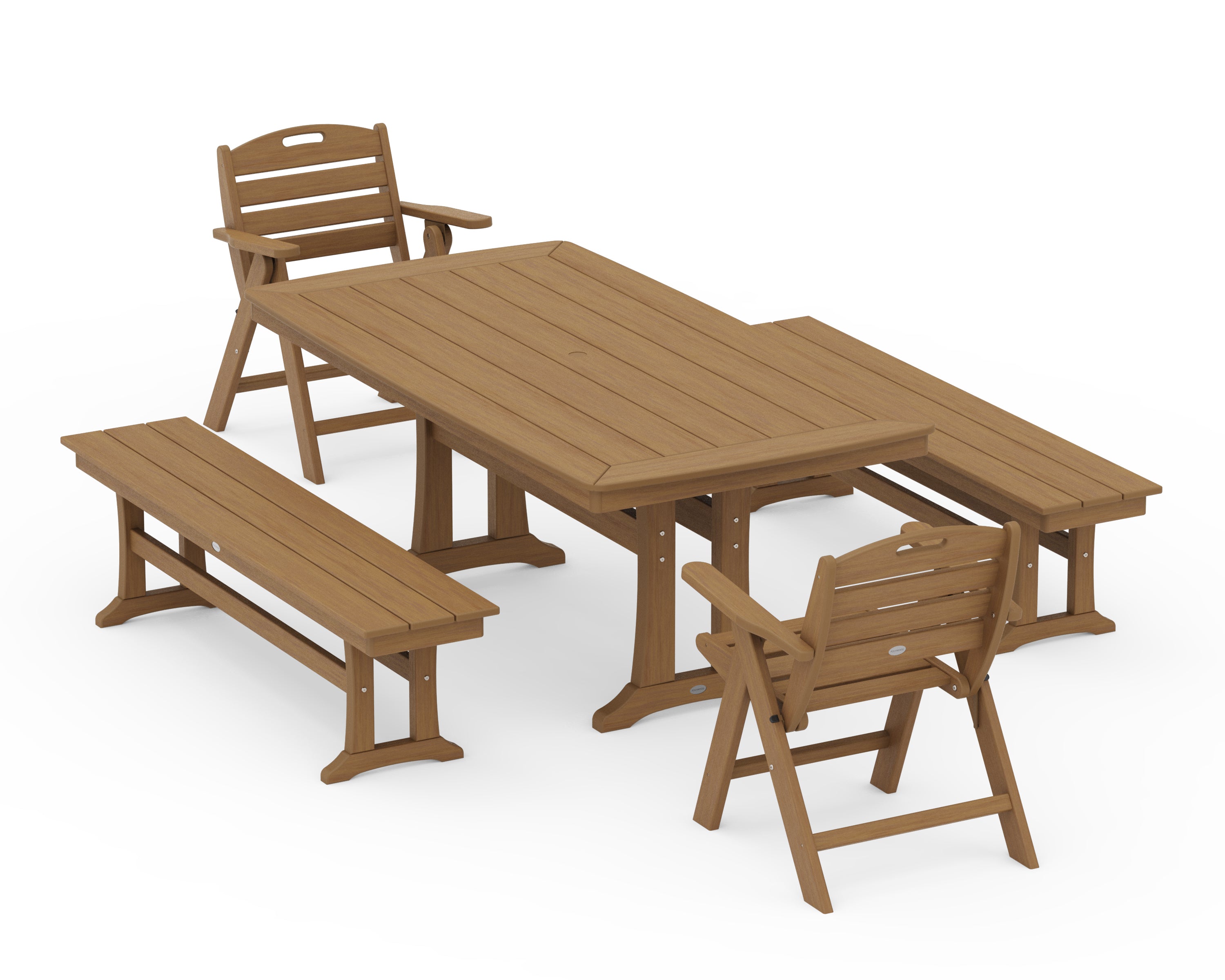 POLYWOOD Nautical Folding Lowback Chair 5-Piece Dining Set with Trestle Legs and Benches in Natural