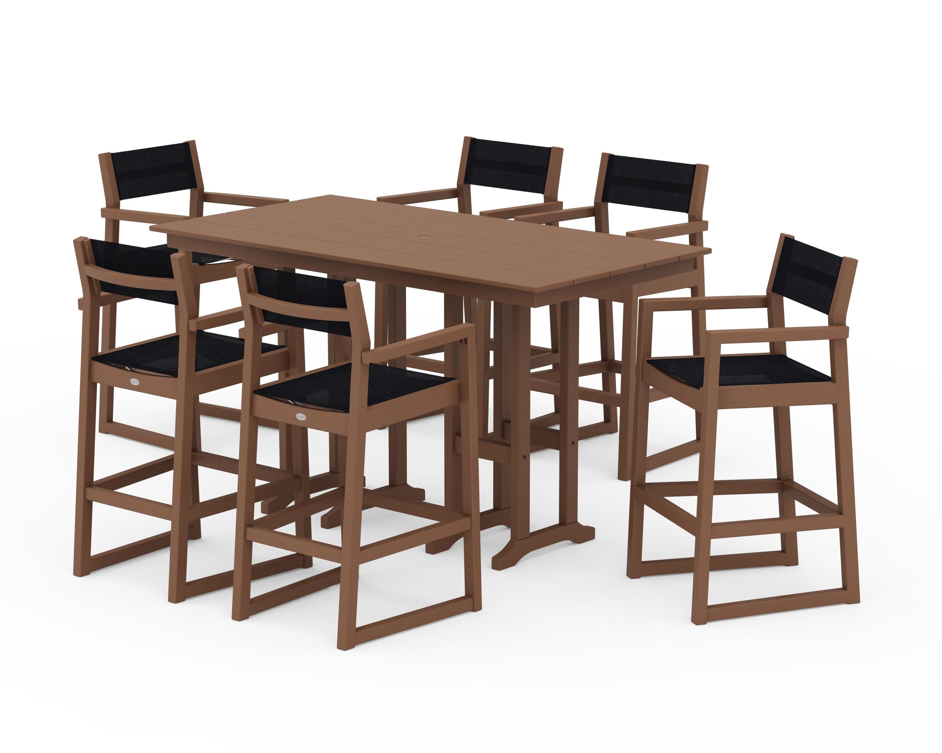 POLYWOOD EDGE Sling Arm Chair 7-Piece Farmhouse Bar Set in Teak / Black Sling