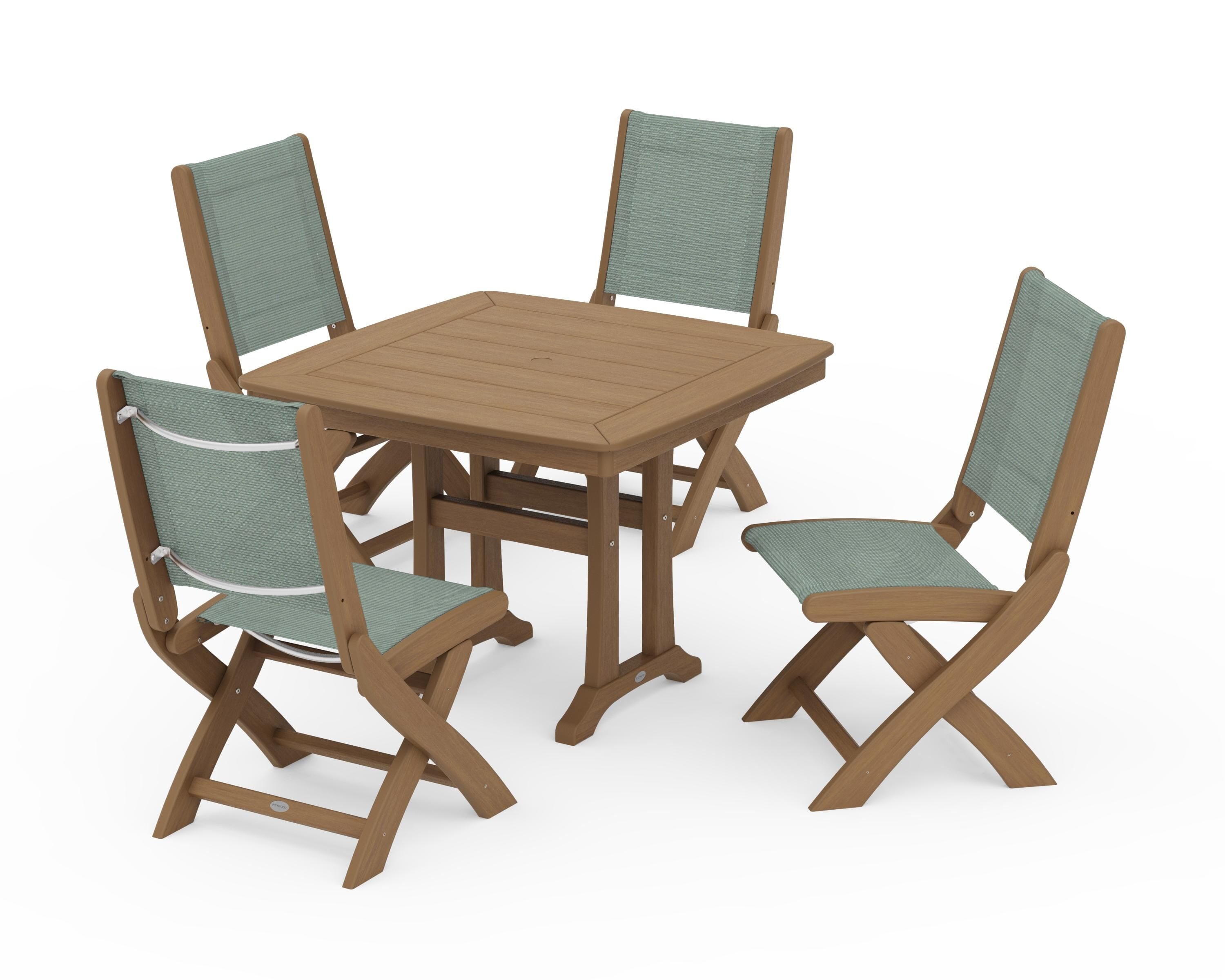 POLYWOOD Coastal Folding Side Chair 5-Piece Dining Set with Trestle Legs in Natural / Dupioni Sea Mist Sling