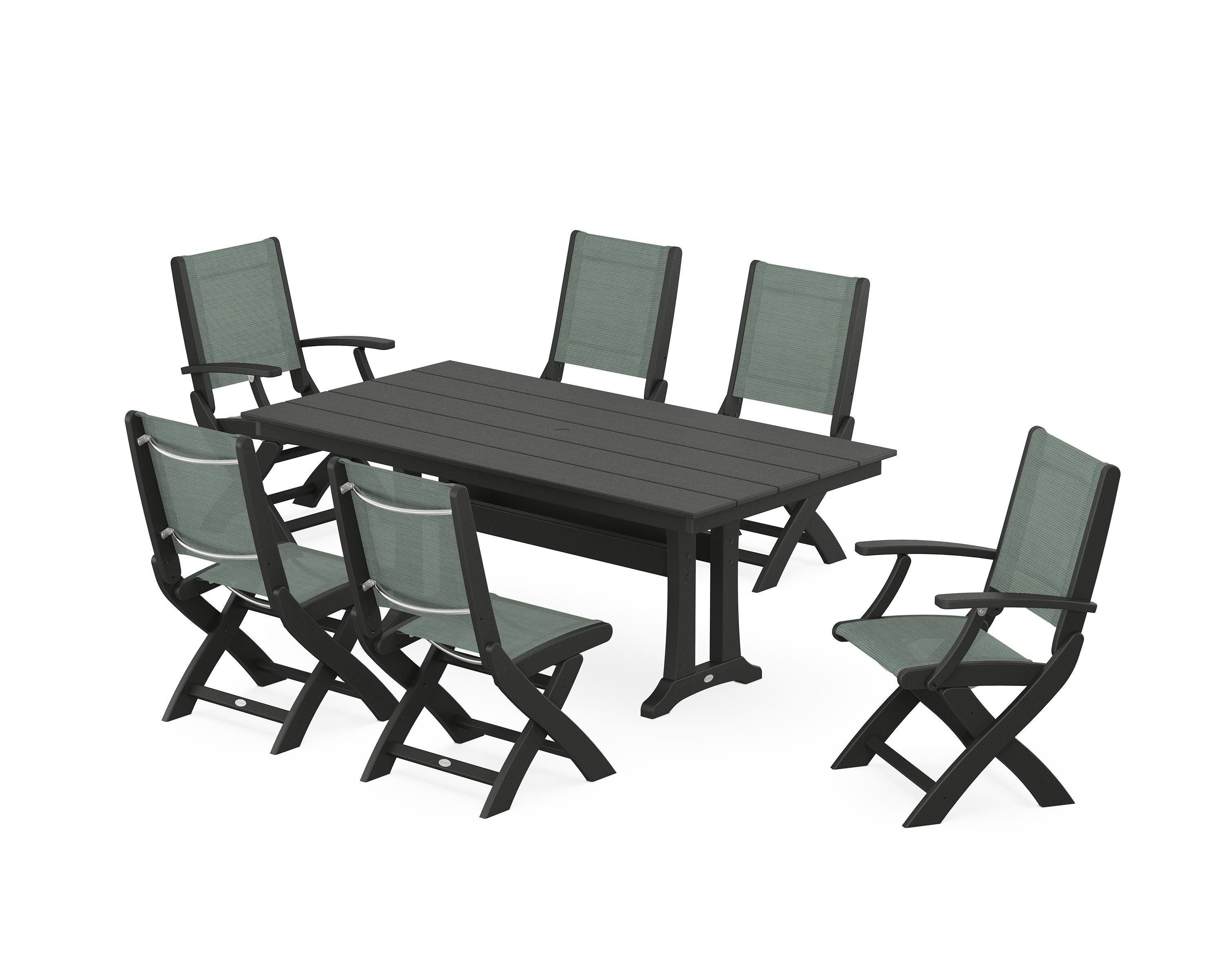 POLYWOOD Coastal Folding Chair 7-Piece Farmhouse Dining Set with Trestle Legs in Black / Dupioni Sea Mist Sling