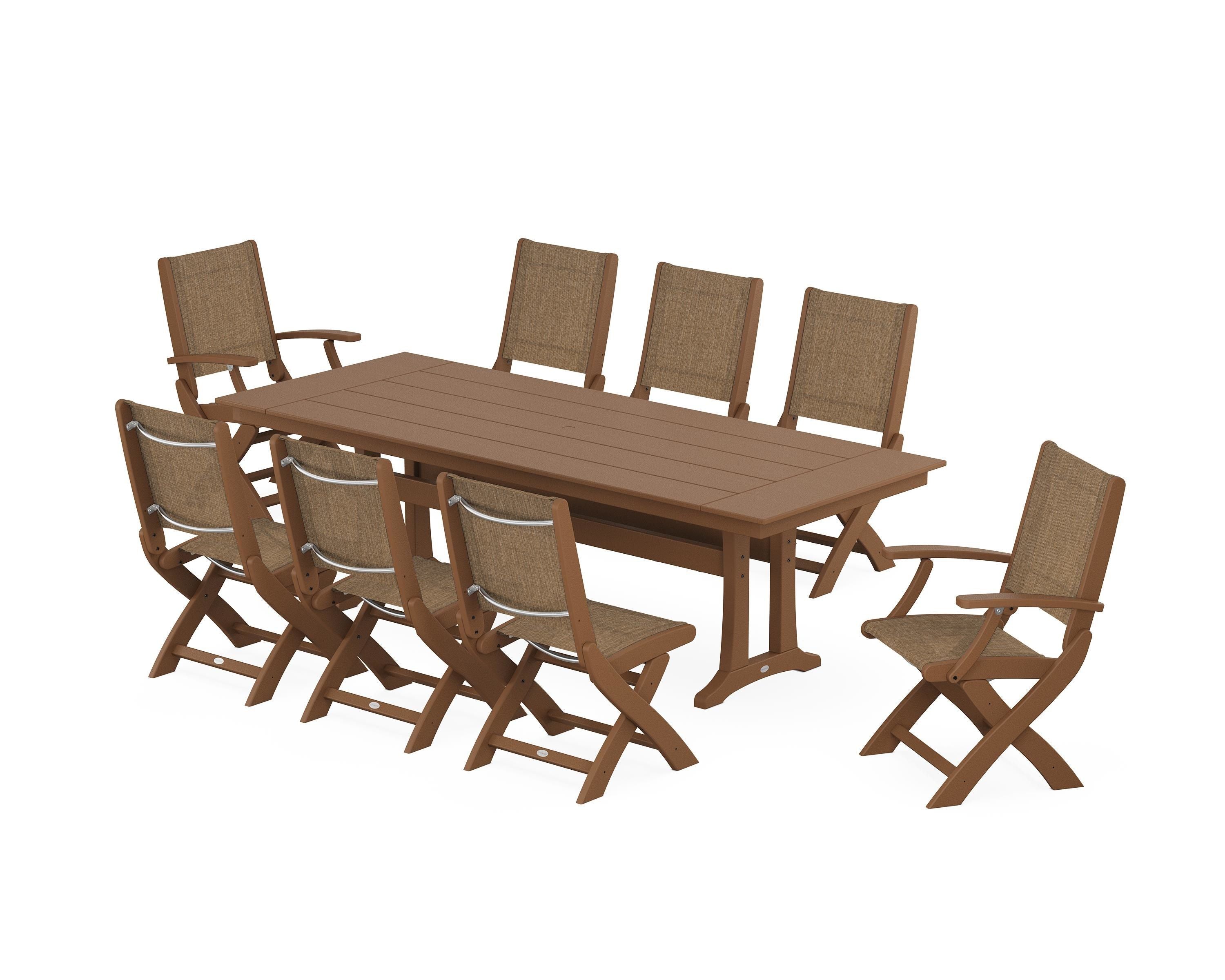 POLYWOOD Coastal 9-Piece Folding Dining Chair Farmhouse Dining Set with Trestle Legs in Teak / Burlap Sling