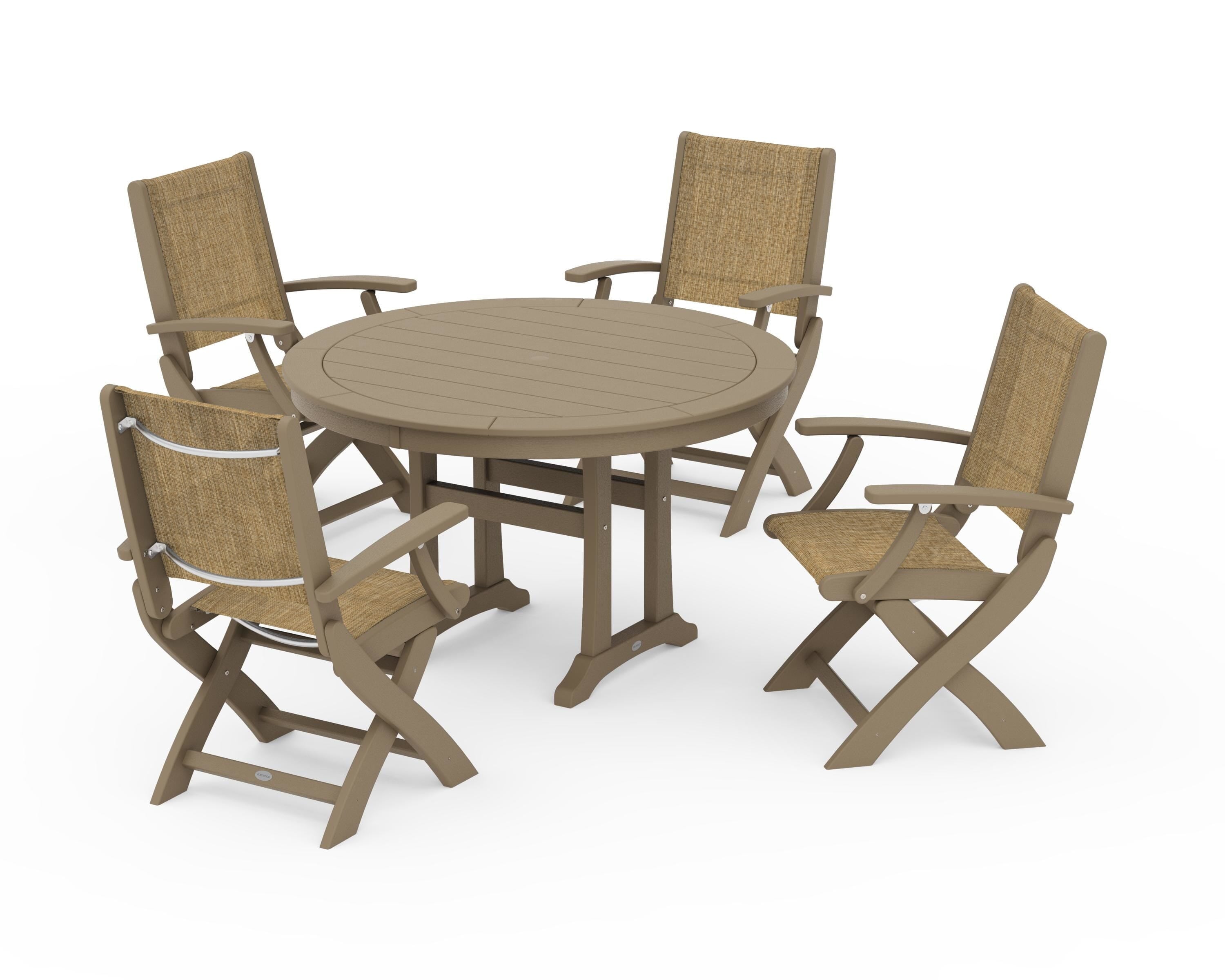 POLYWOOD Coastal Folding Chair 5-Piece Round Dining Set with Trestle Legs in Vintage Sahara / Burlap Sling