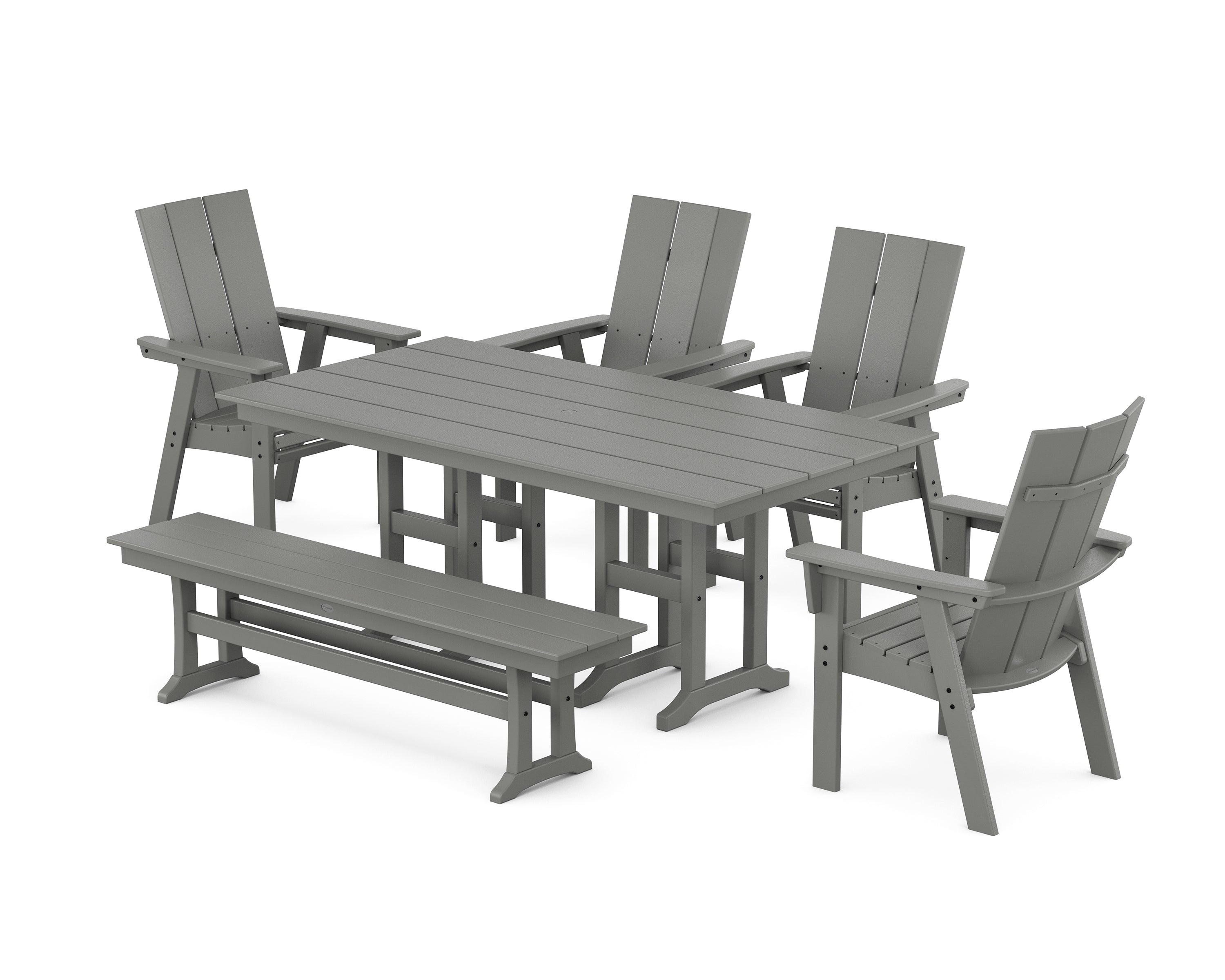 POLYWOOD Modern Curveback Adirondack 6-Piece Farmhouse Dining Set with Bench in Slate Grey